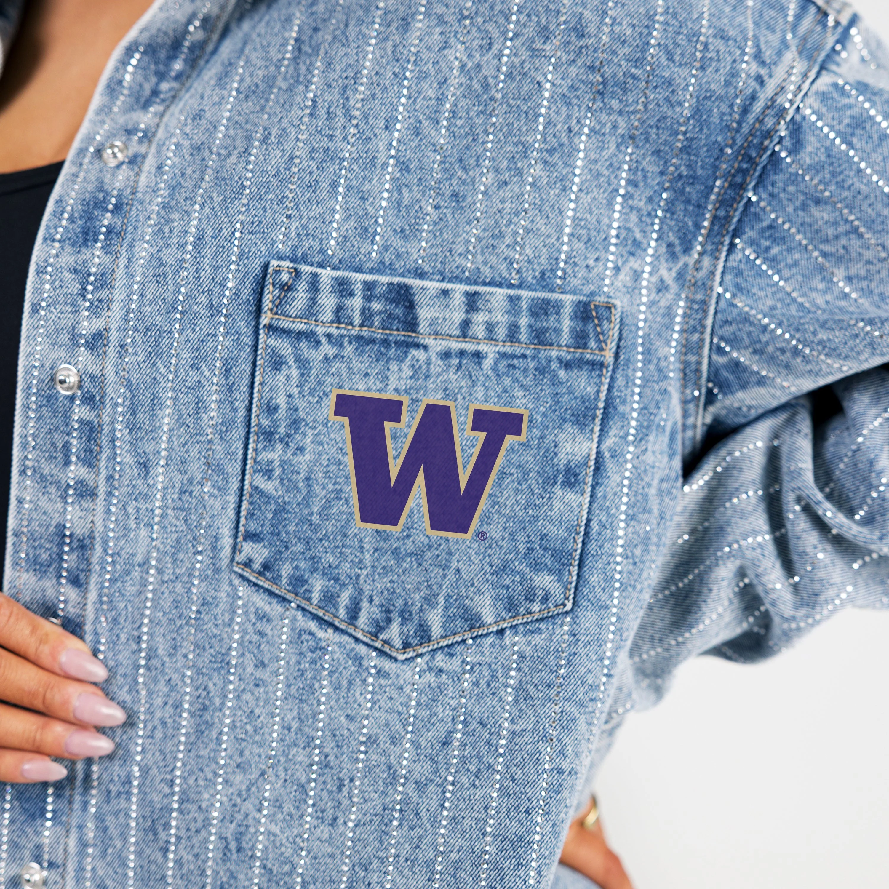 WASHINGTON HUSKIES STYLE'S THE LIMIT MICRO-RHINESTONE DENIM OVERSHIRT - Image 4