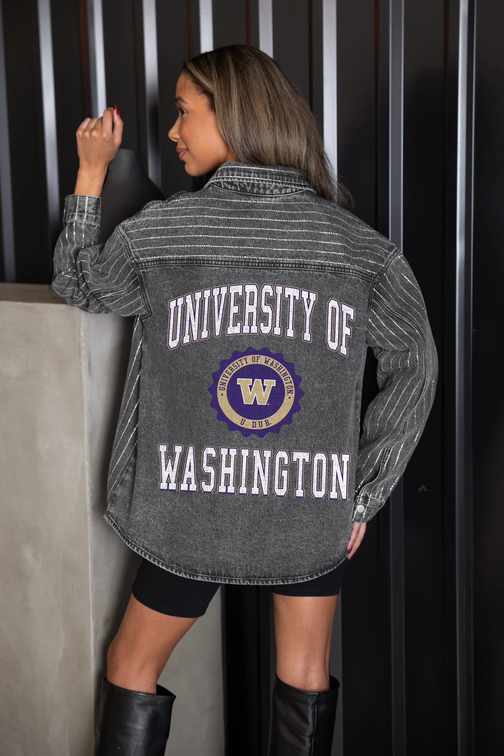 WASHINGTON HUSKIES STYLE'S THE LIMIT MICRO-RHINESTONE DENIM OVERSHIRT IN BLACK