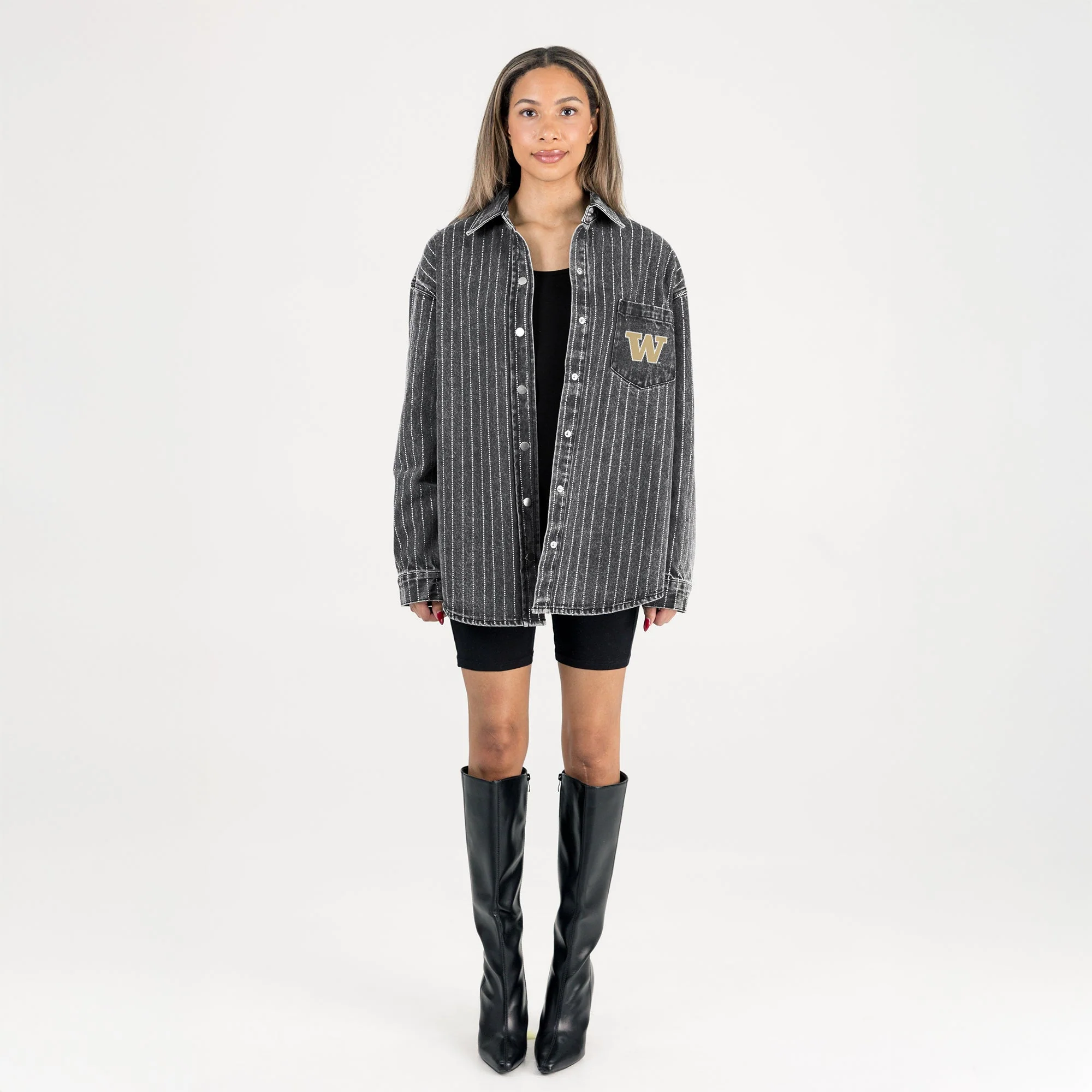 WASHINGTON HUSKIES STYLE'S THE LIMIT MICRO-RHINESTONE DENIM OVERSHIRT IN BLACK - Image 6