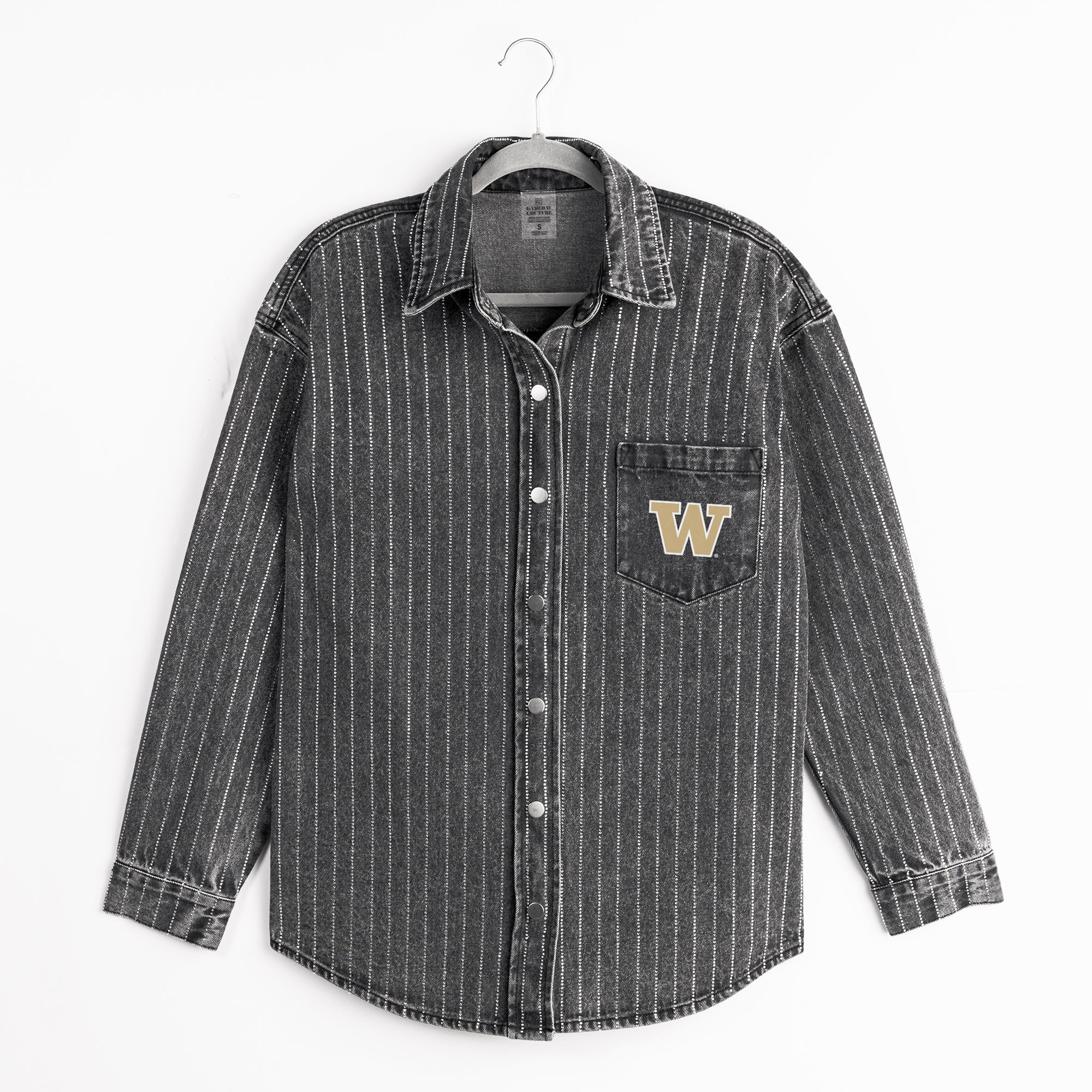 WASHINGTON HUSKIES STYLE'S THE LIMIT MICRO-RHINESTONE DENIM OVERSHIRT IN BLACK - Image 8