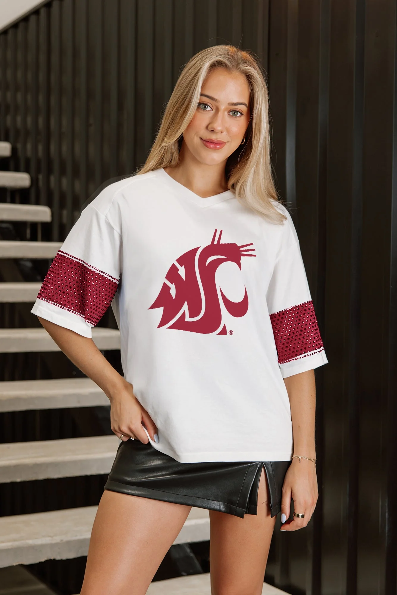 WASHINGTON STATE COUGARS DOMINANCE RHINESTONE STRIPE VARSITY TEE