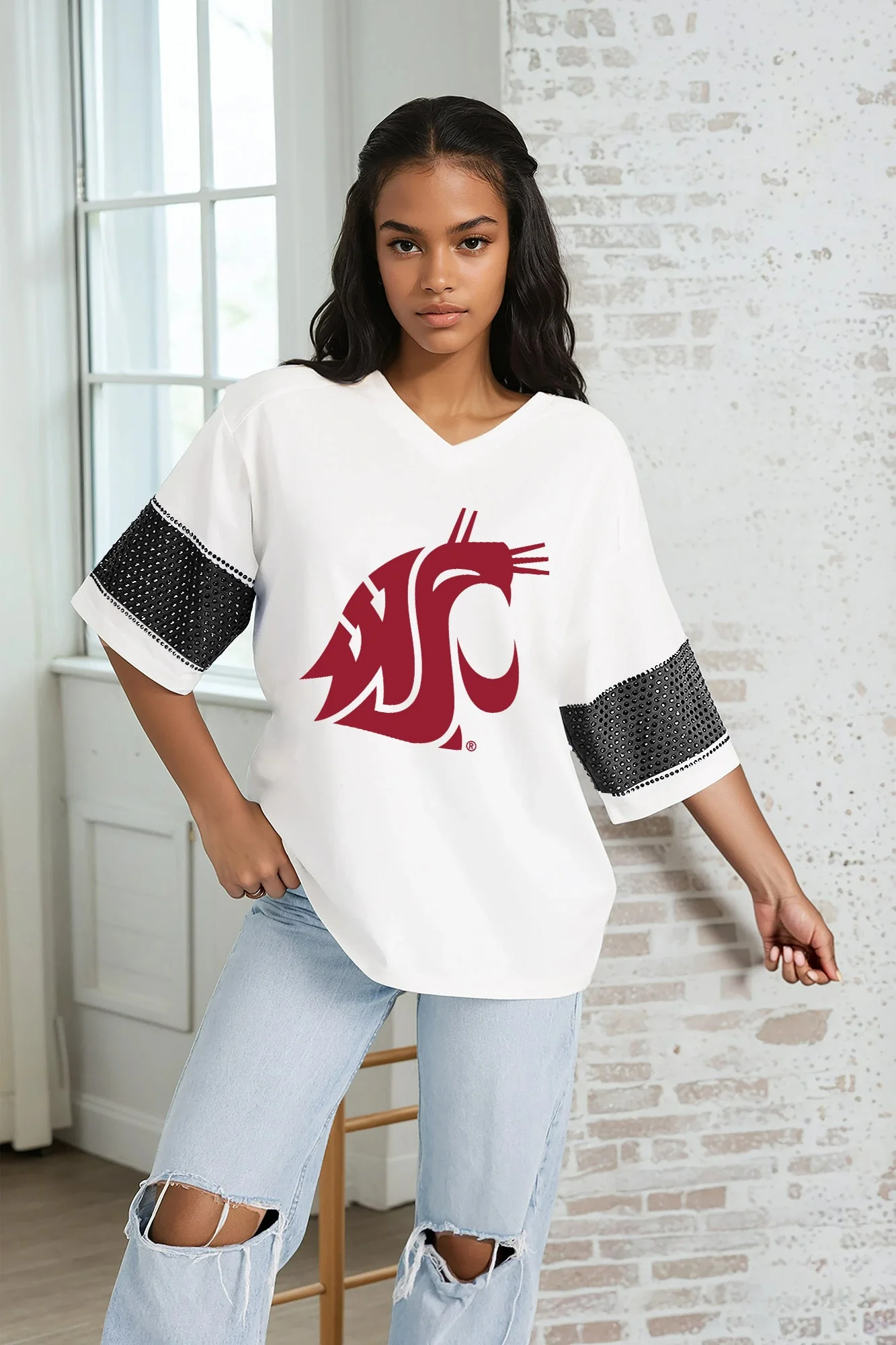 WASHINGTON STATE COUGARS DOMINANCE RHINESTONE STRIPE VARSITY TEE - Image 3