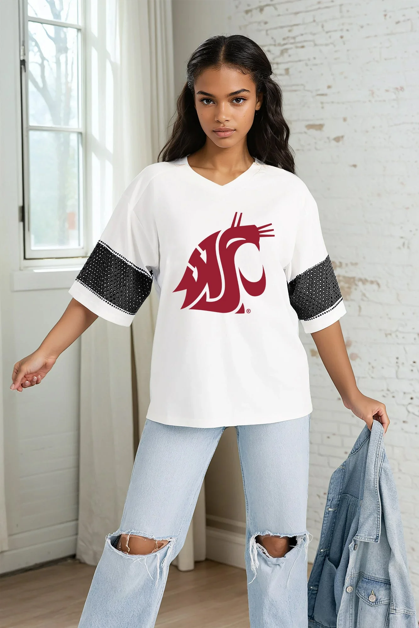 WASHINGTON STATE COUGARS DOMINANCE RHINESTONE STRIPE VARSITY TEE - Image 4