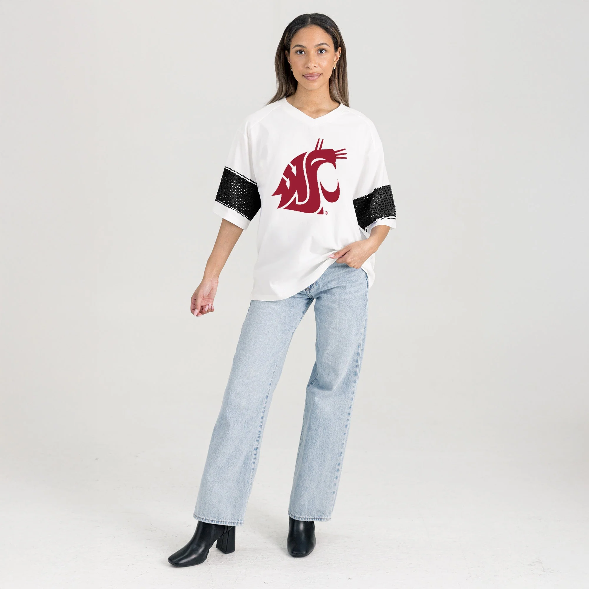 WASHINGTON STATE COUGARS DOMINANCE RHINESTONE STRIPE VARSITY TEE - Image 6