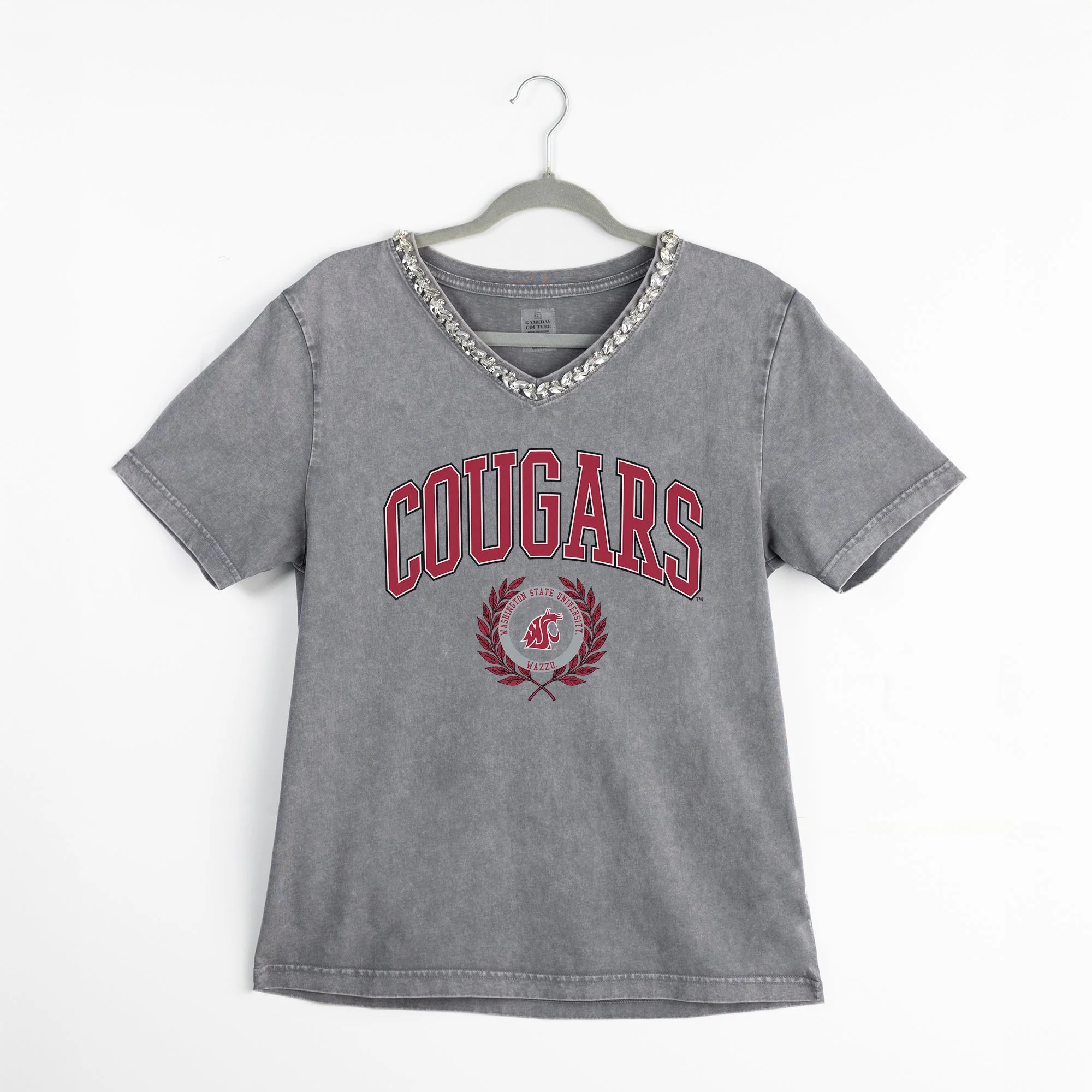 WASHINGTON STATE COUGARS ICONIC EDGE RHINESTONE TRIM V-NECK TEE - Image 8