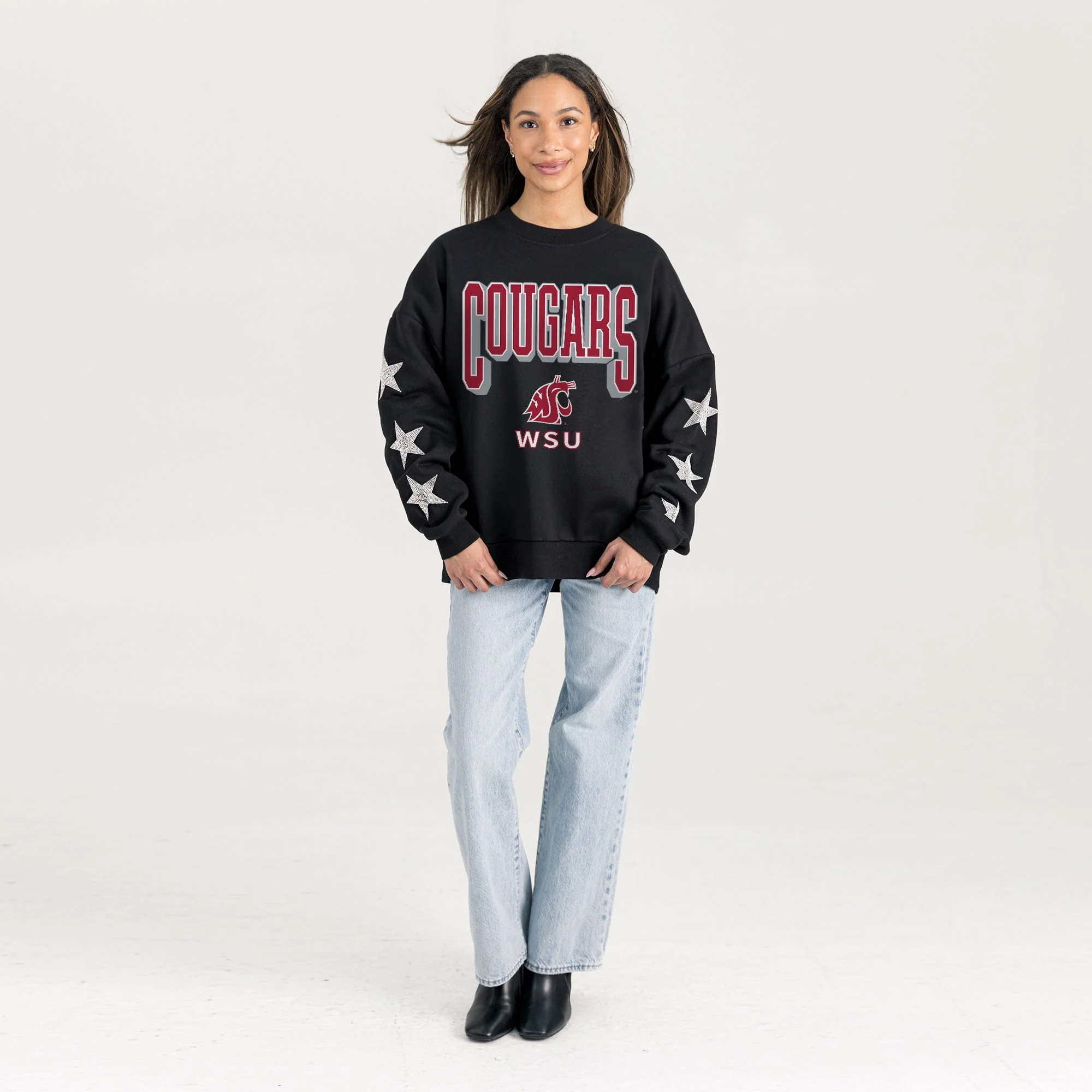WASHINGTON STATE COUGARS PURE VICTORY EMBELLISHED STAR SLEEVE CREWNECK PULLOVER - Image 4