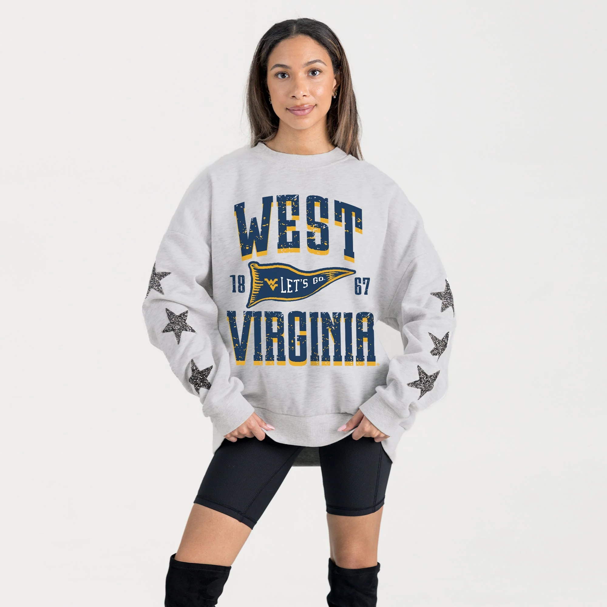 WEST VIRGINIA MOUNTAINEERS PENNANT PRIDE EMBELLISHED STAR SLEEVE CREWNECK PULLOVER - Image 3