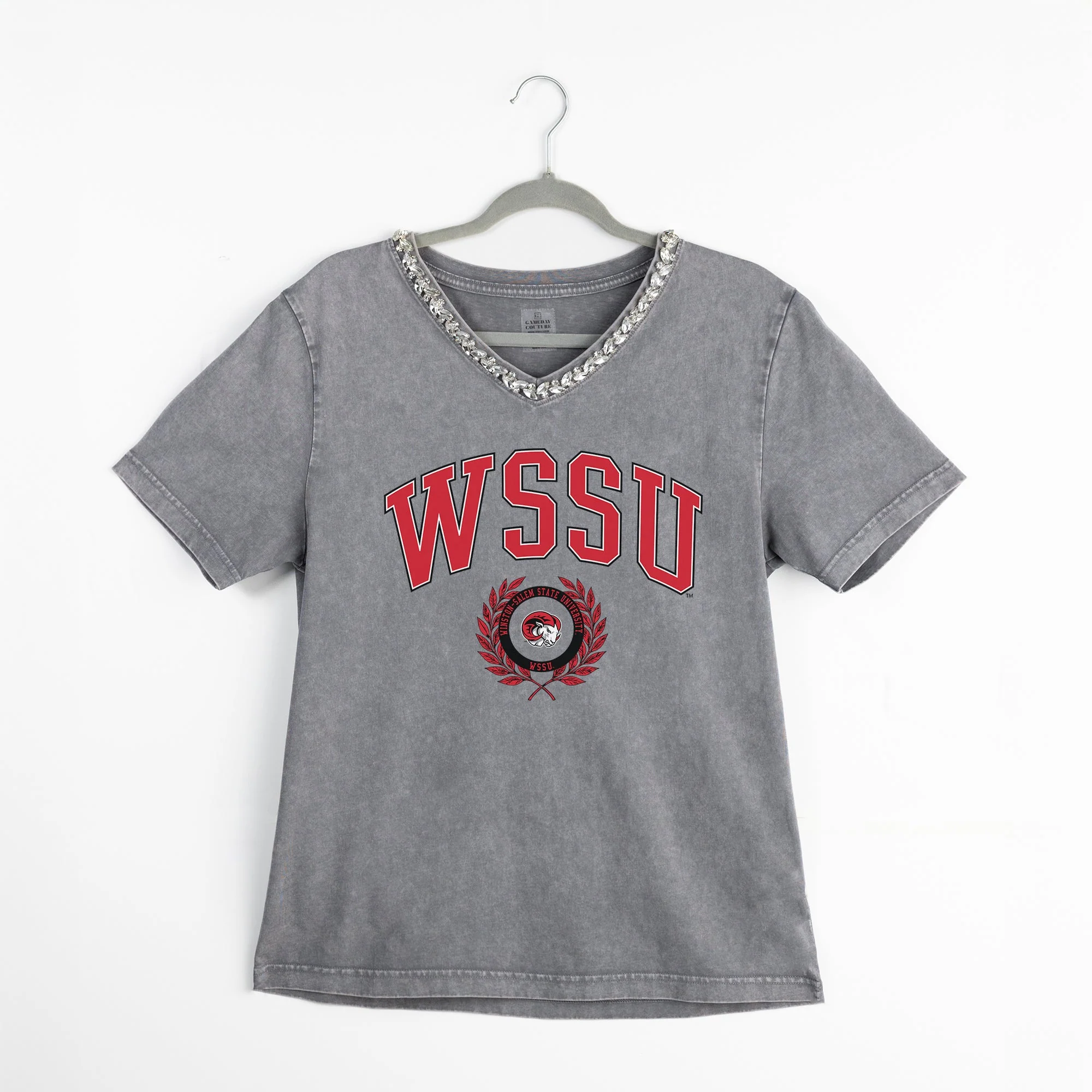 WINSTON-SALEM STATE RAMS ICONIC EDGE RHINESTONE TRIM V-NECK TEE - Image 8