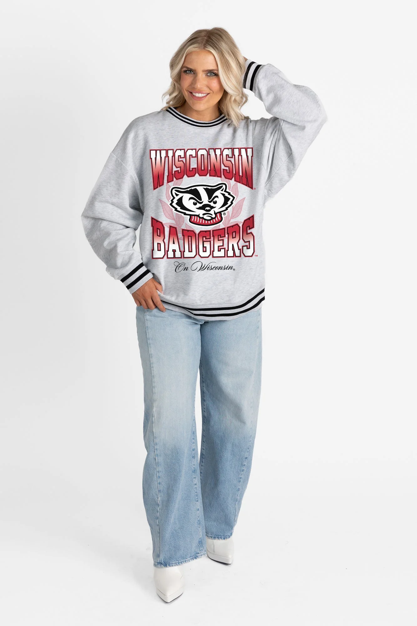 WISCONSIN BADGERS FADE ROUTE CREW FLEECE RINGER SWEATSHIRT - Image 6