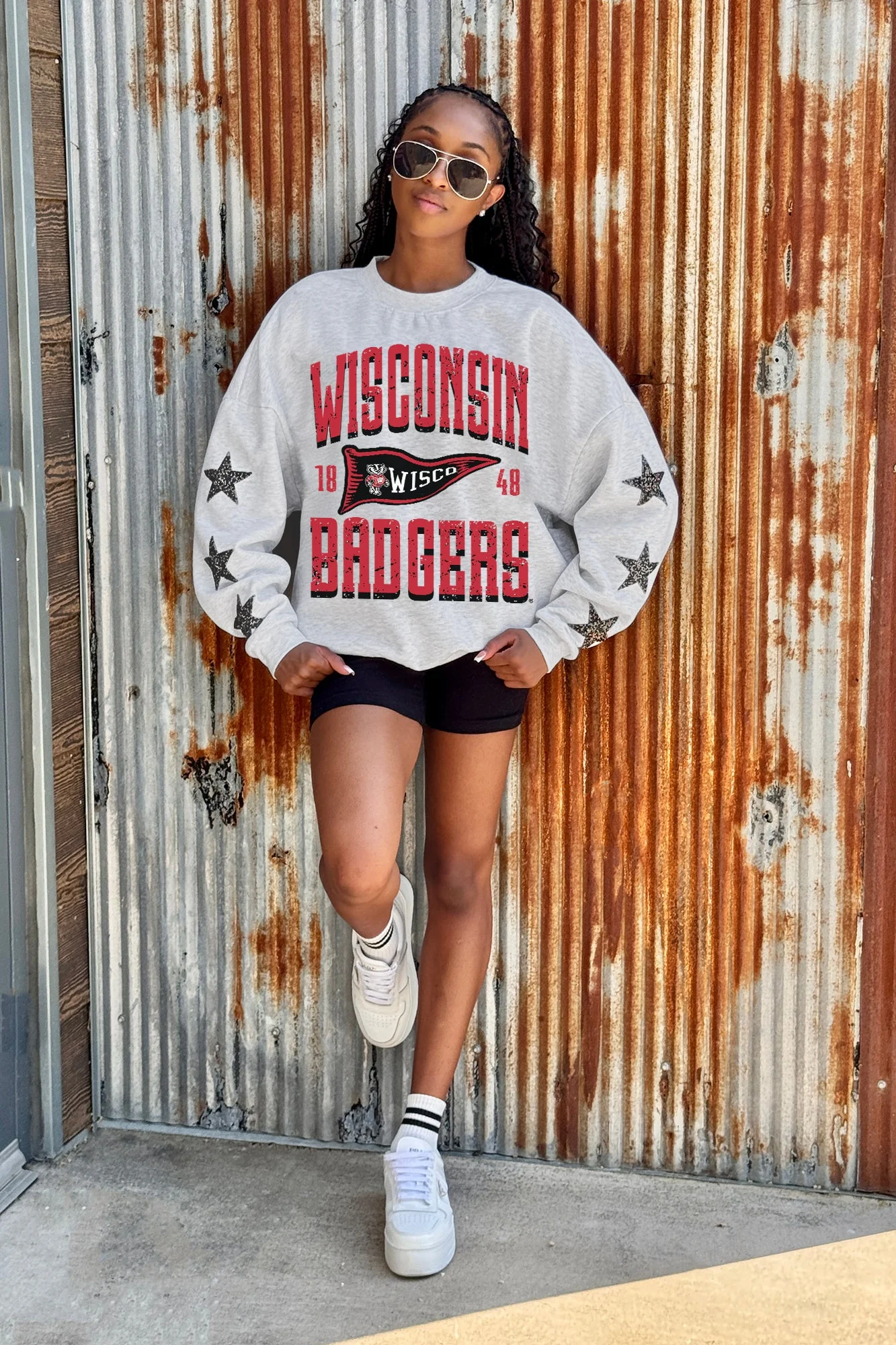 WISCONSIN BADGERS PENNANT PRIDE EMBELLISHED STAR SLEEVE CREWNECK PULLOVER - Image 2