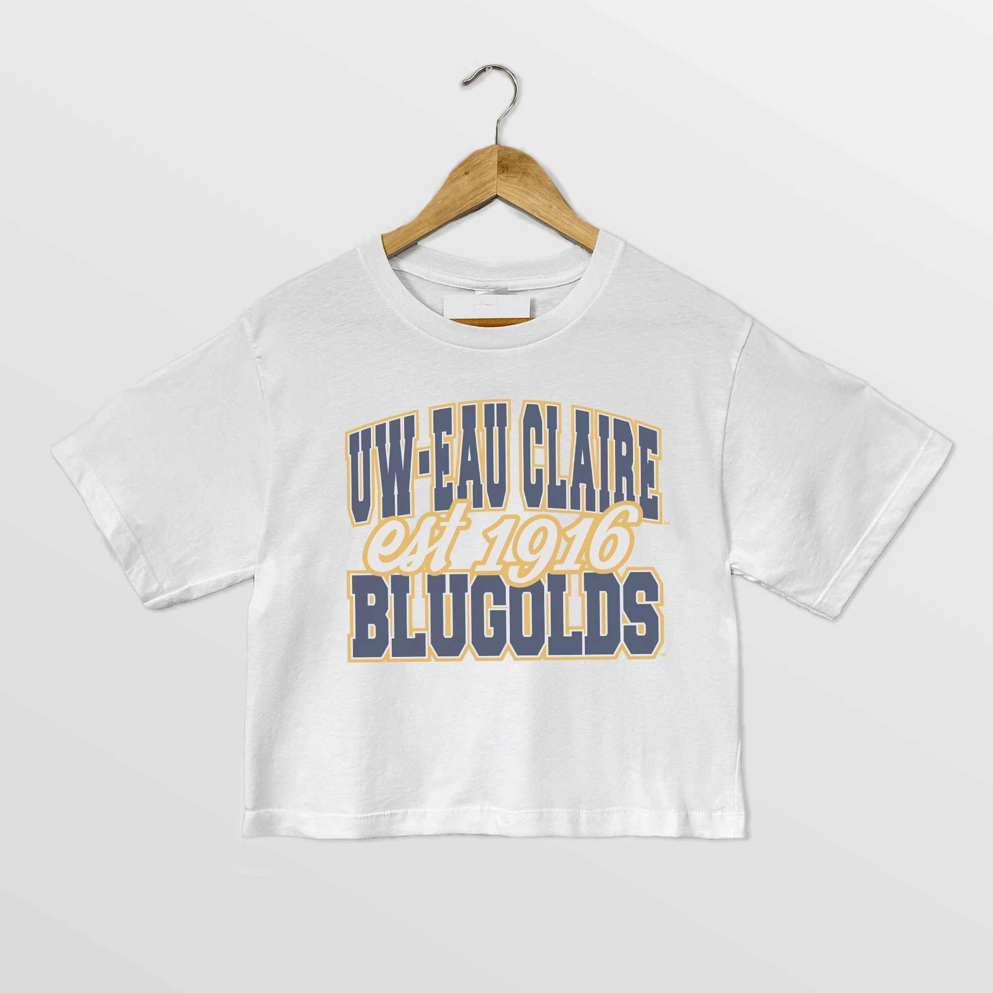 WISCONSIN-EAU CLAIRE BLUGOLDS DEEP ROOTS BOXY FIT WOMEN'S CROPPED TEE
