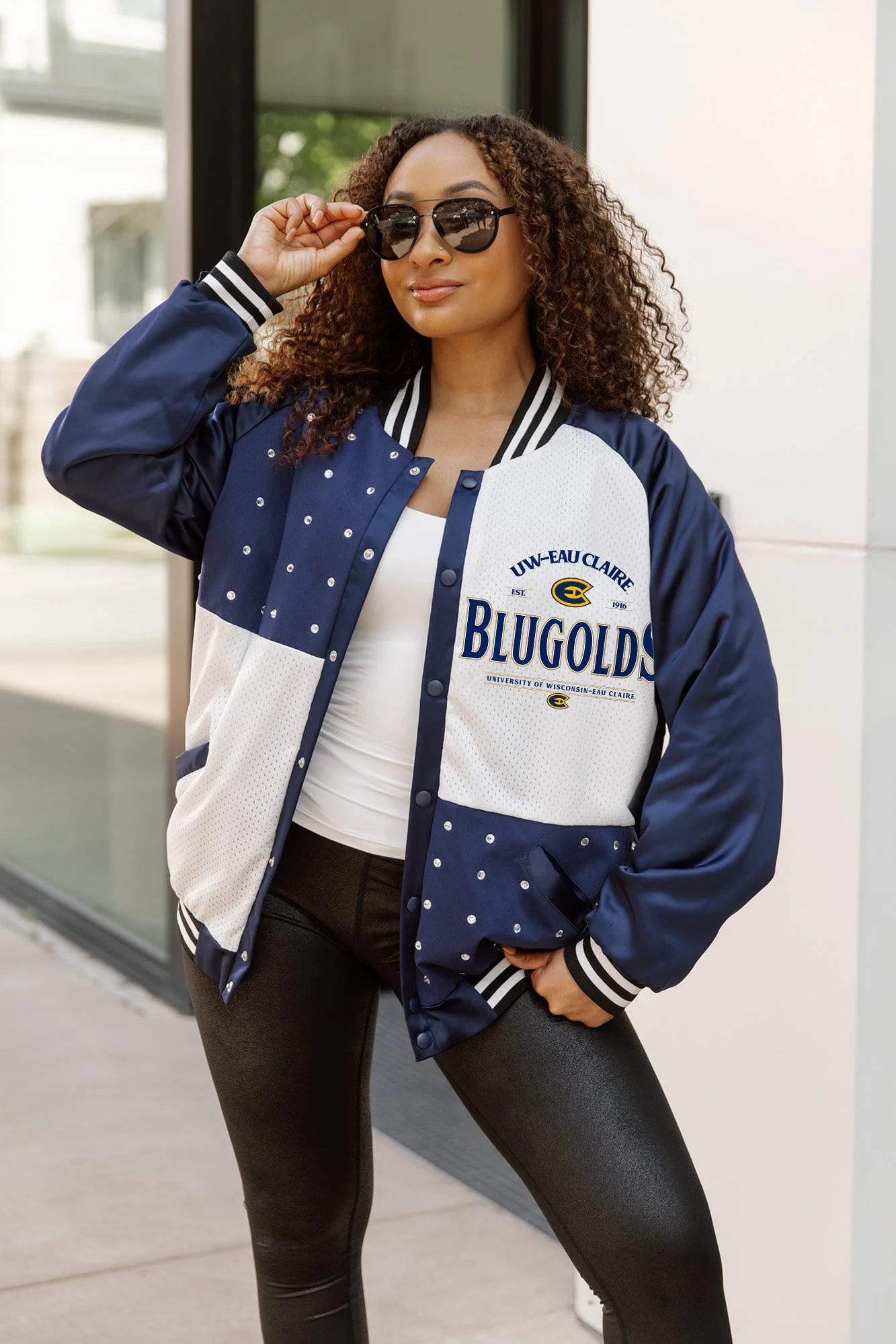 WISCONSIN-EAU CLAIRE BLUGOLDS INNER DRIVE THROWBACK VARSITY BOMBER JACKET