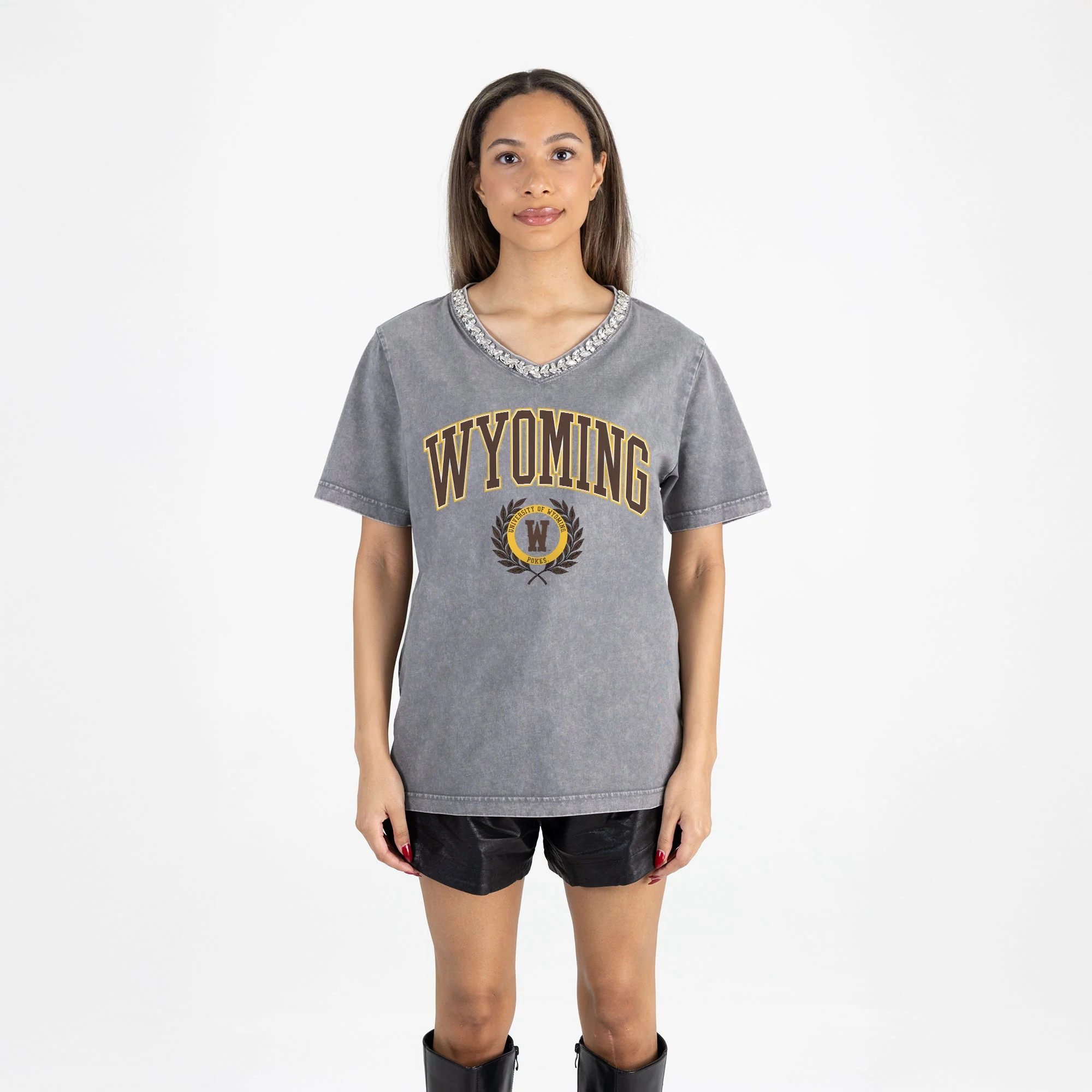 WYOMING COWBOYS ICONIC EDGE RHINESTONE TRIM V-NECK TEE - Image 5