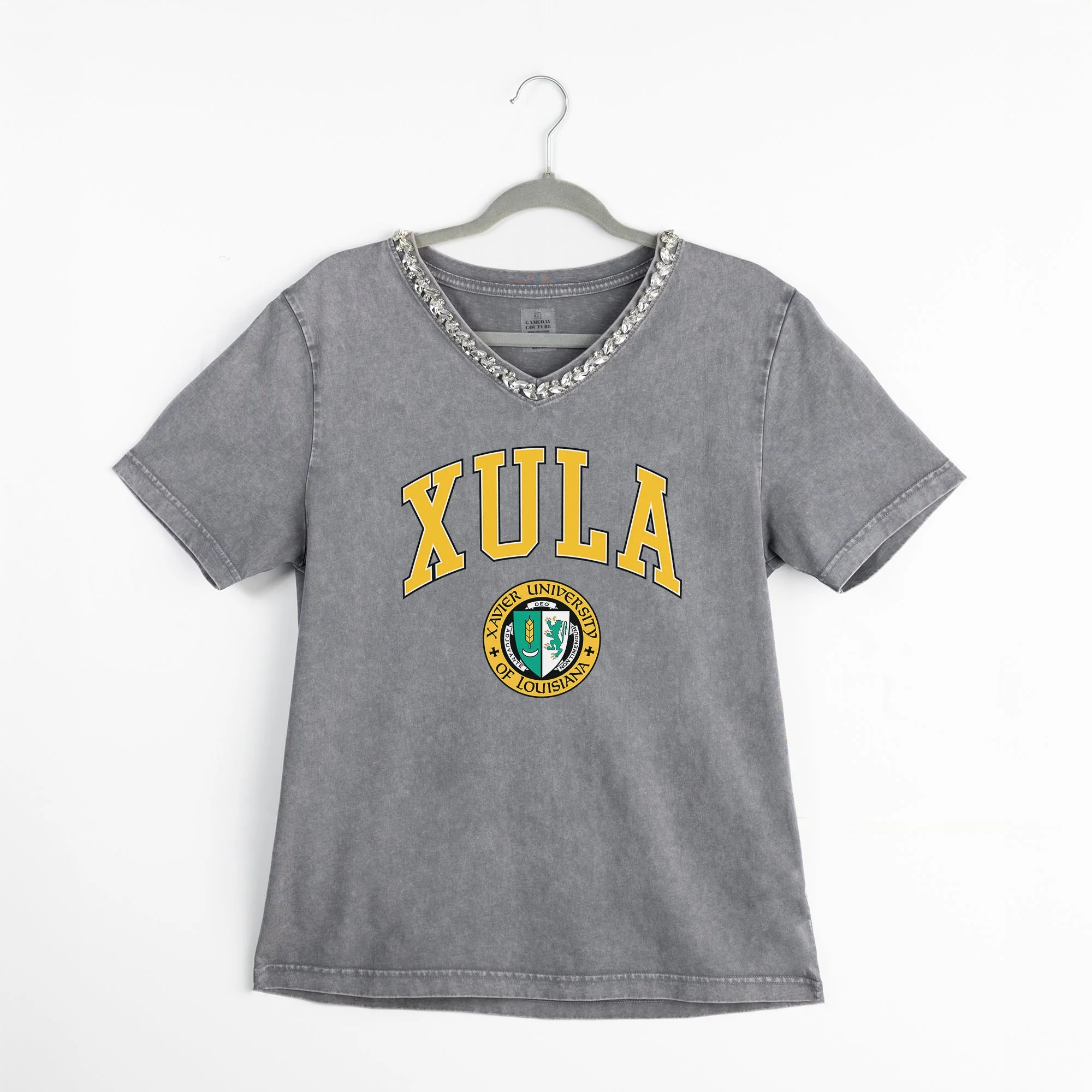 XAVIER UNIVERSITY OF LOUISIANA GOLD ICONIC EDGE RHINESTONE TRIM V-NECK TEE - Image 8