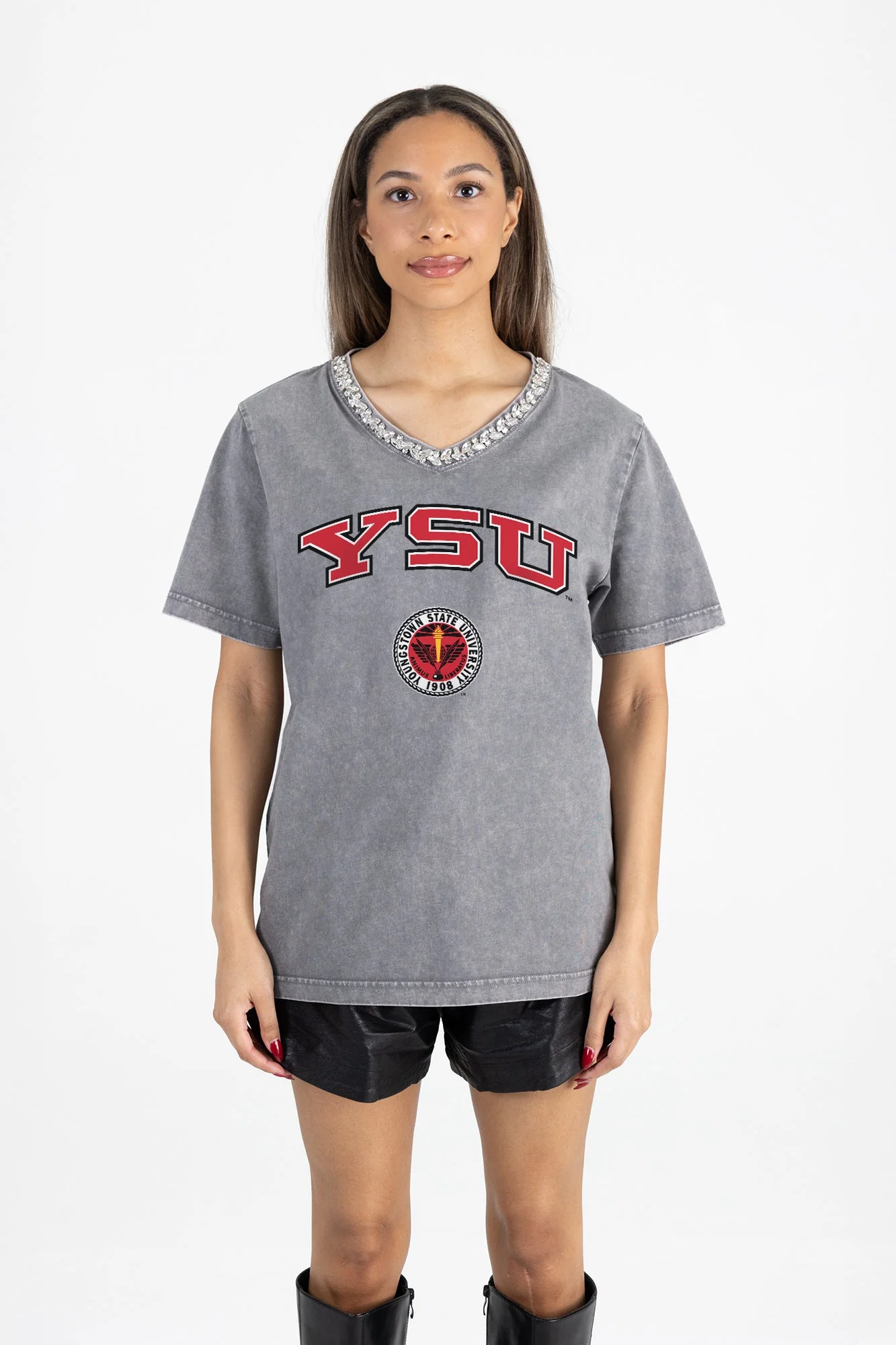 YOUNGSTOWN STATE PENGUINS ICONIC EDGE RHINESTONE TRIM V-NECK TEE - Image 5