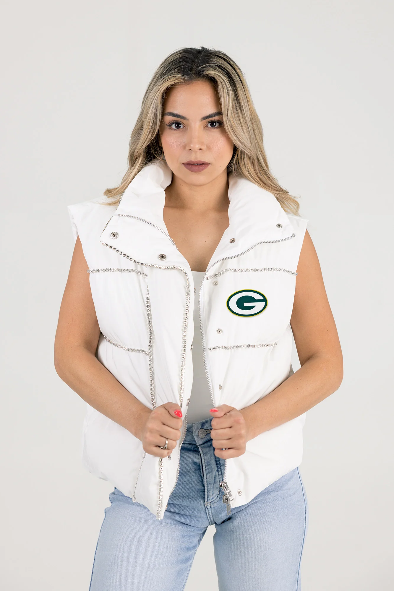 GREEN BAY PACKERS MAKE IT SHINE RHINESTONE DETAIL PUFFER VEST BY RANDI MAHOMES