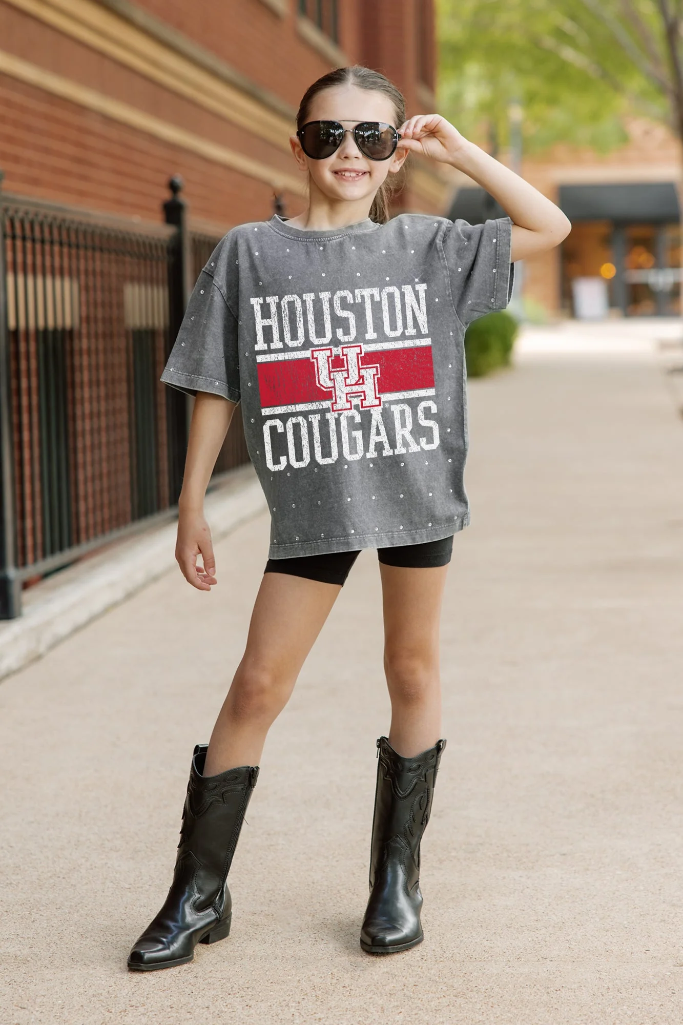 HOUSTON COUGARS ON THE BALL KIDS MINI RHINESTONE OVERSIZED TEE - Image 2