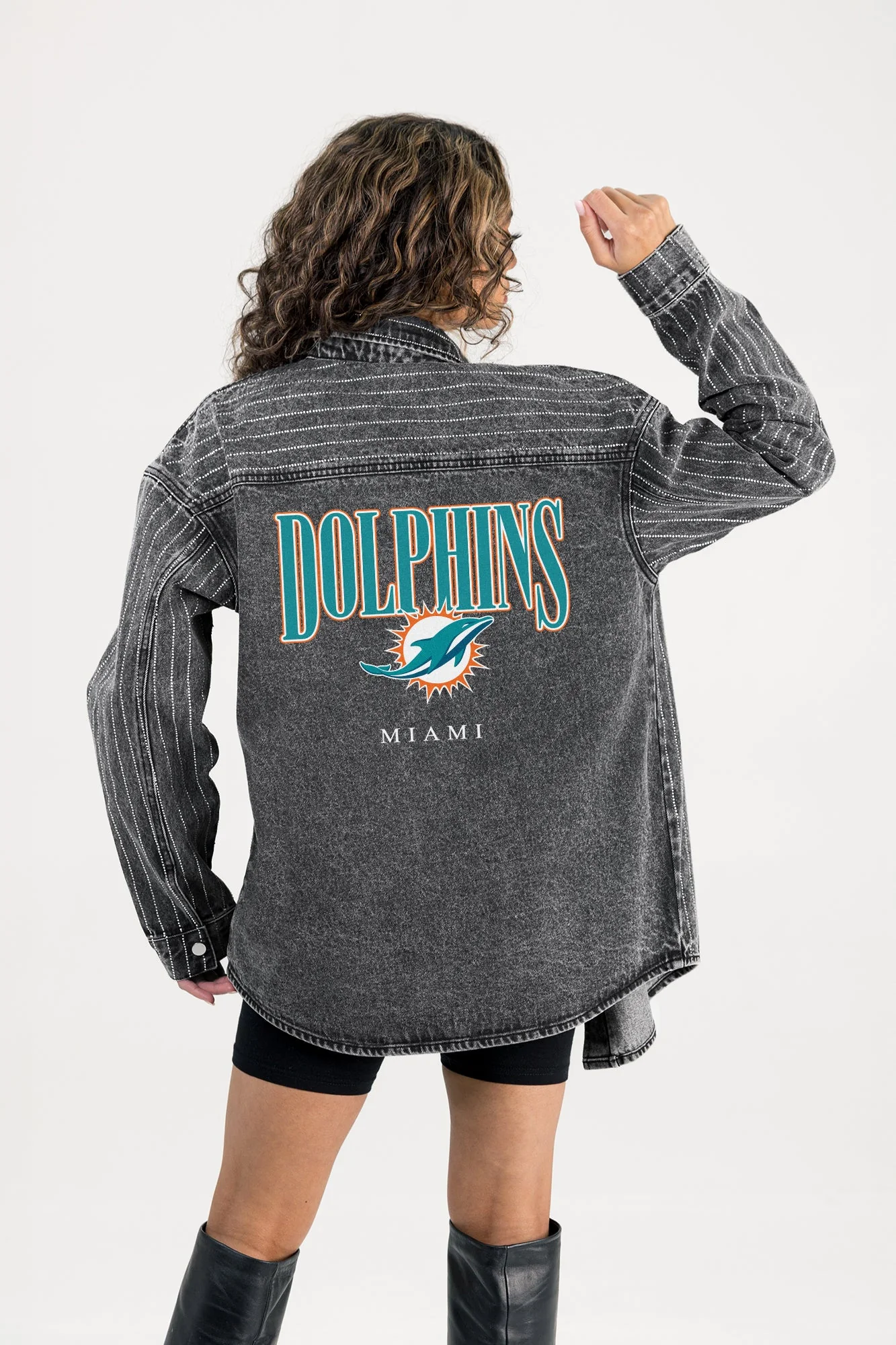 MIAMI DOLPHINS END ZONE ENERGY MICRO-RHINESTONE OVERSHIRT BY RANDI MAHOMES