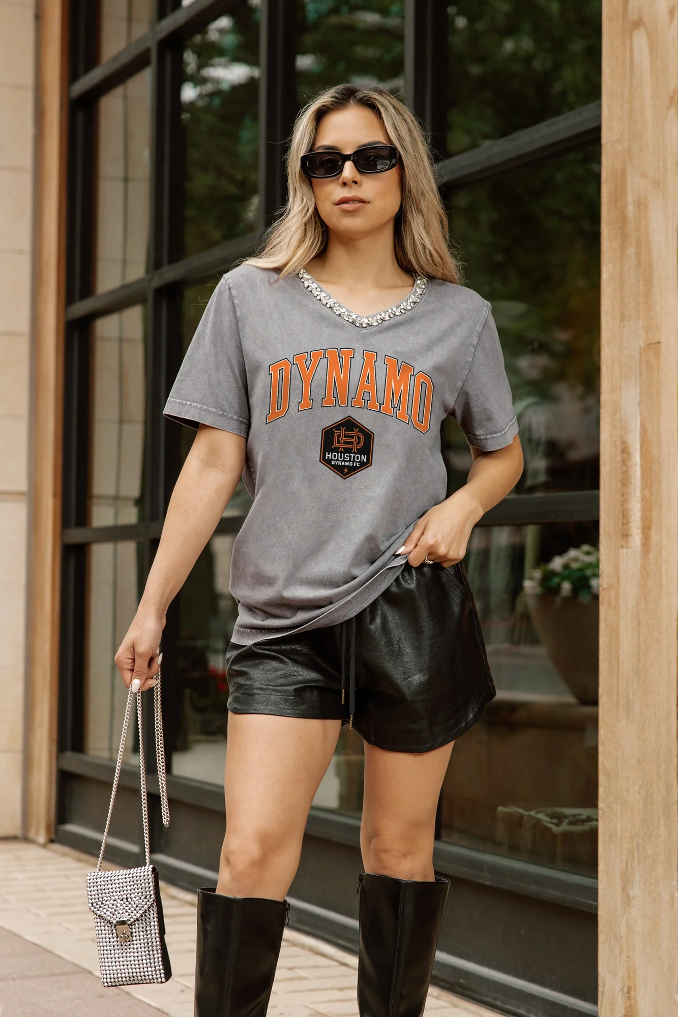 HOUSTON DYNAMO ICONIC EDGE RHINESTONE TRIM V-NECK TEE - Image 2