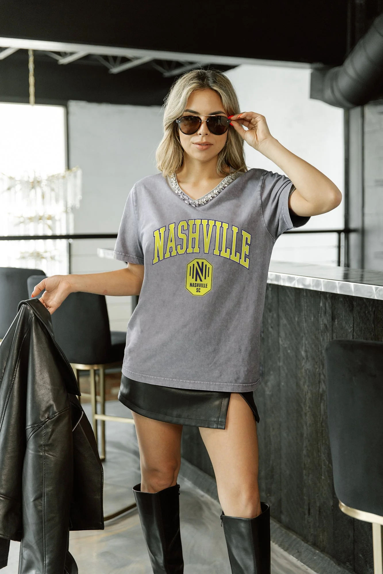 NASHVILLE SC ICONIC EDGE RHINESTONE TRIM V-NECK TEE - Image 4