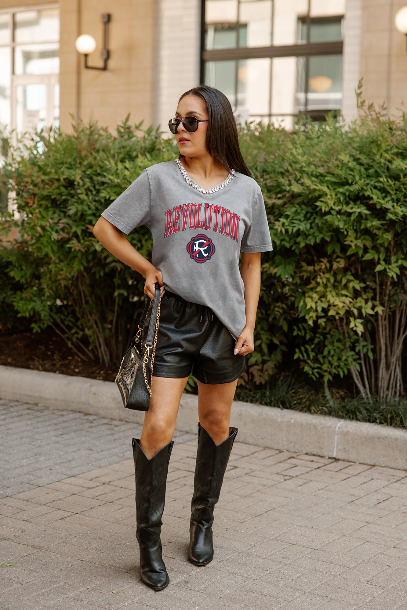NEW ENGLAND REVOLUTION ICONIC EDGE RHINESTONE TRIM V-NECK TEE - Image 3