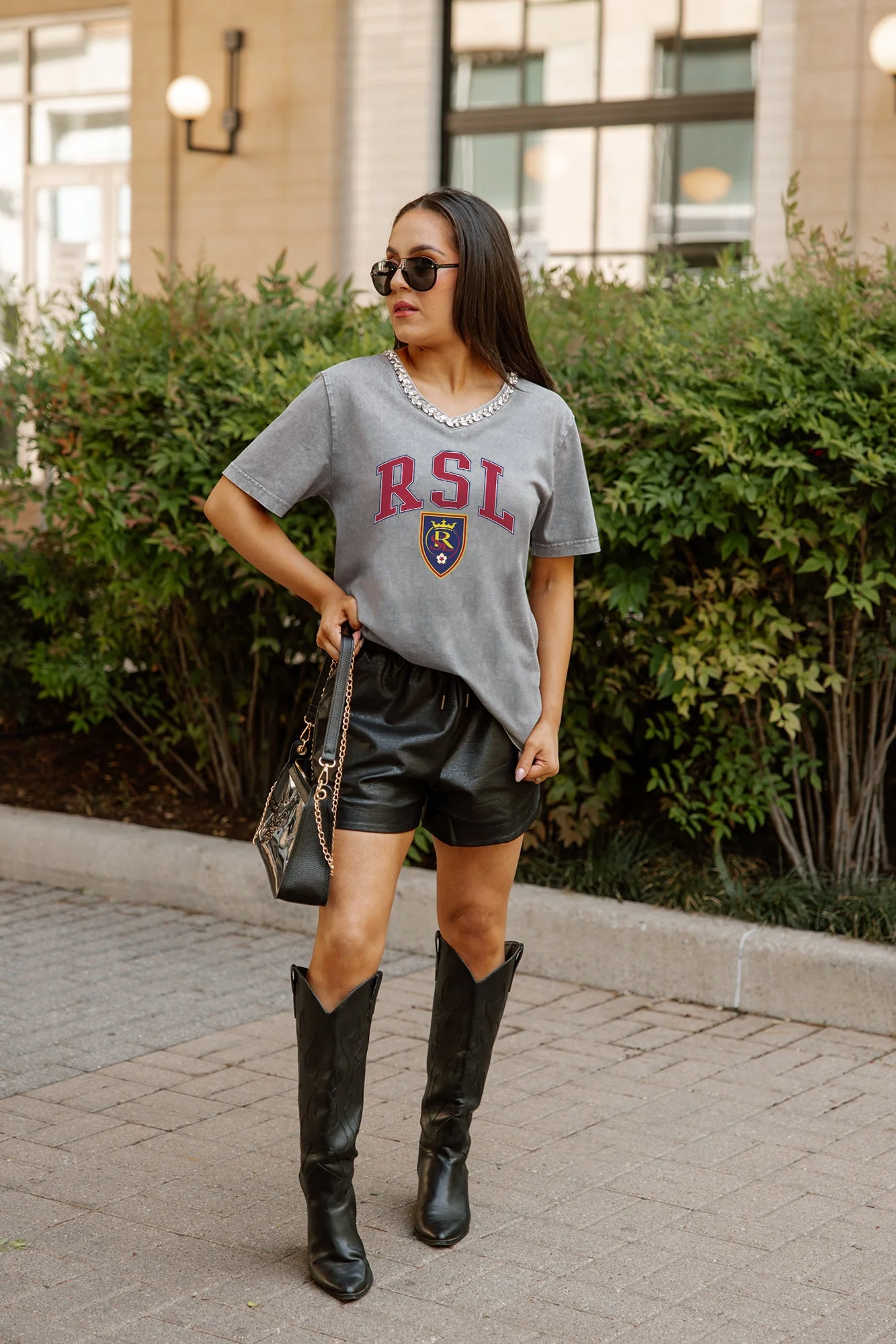 REAL SALT LAKE ICONIC EDGE RHINESTONE TRIM V-NECK TEE - Image 3