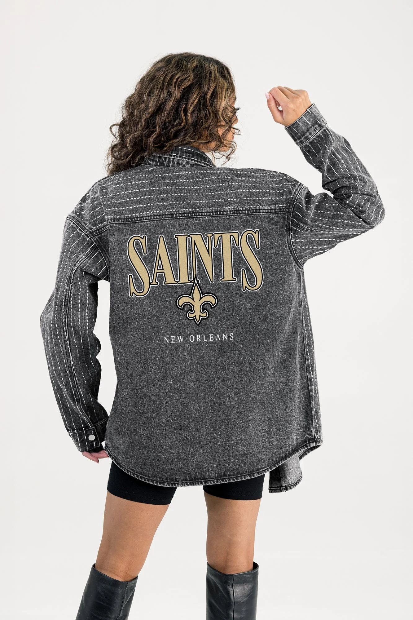NEW ORLEANS SAINTS END ZONE ENERGY MICRO-RHINESTONE OVERSHIRT BY RANDI MAHOMES