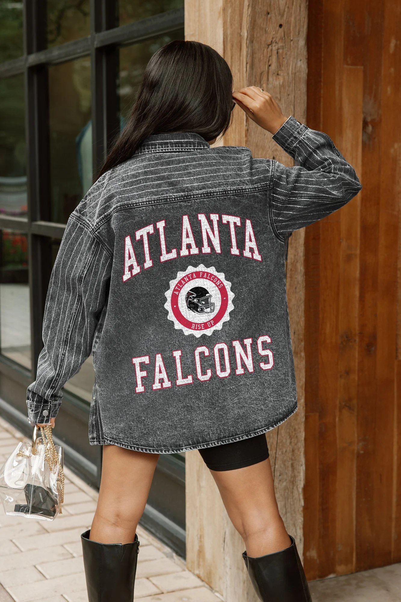ATLANTA FALCONS STYLE'S THE LIMIT MICRO-RHINESTONE DENIM OVERSHIRT IN BLACK - Image 2