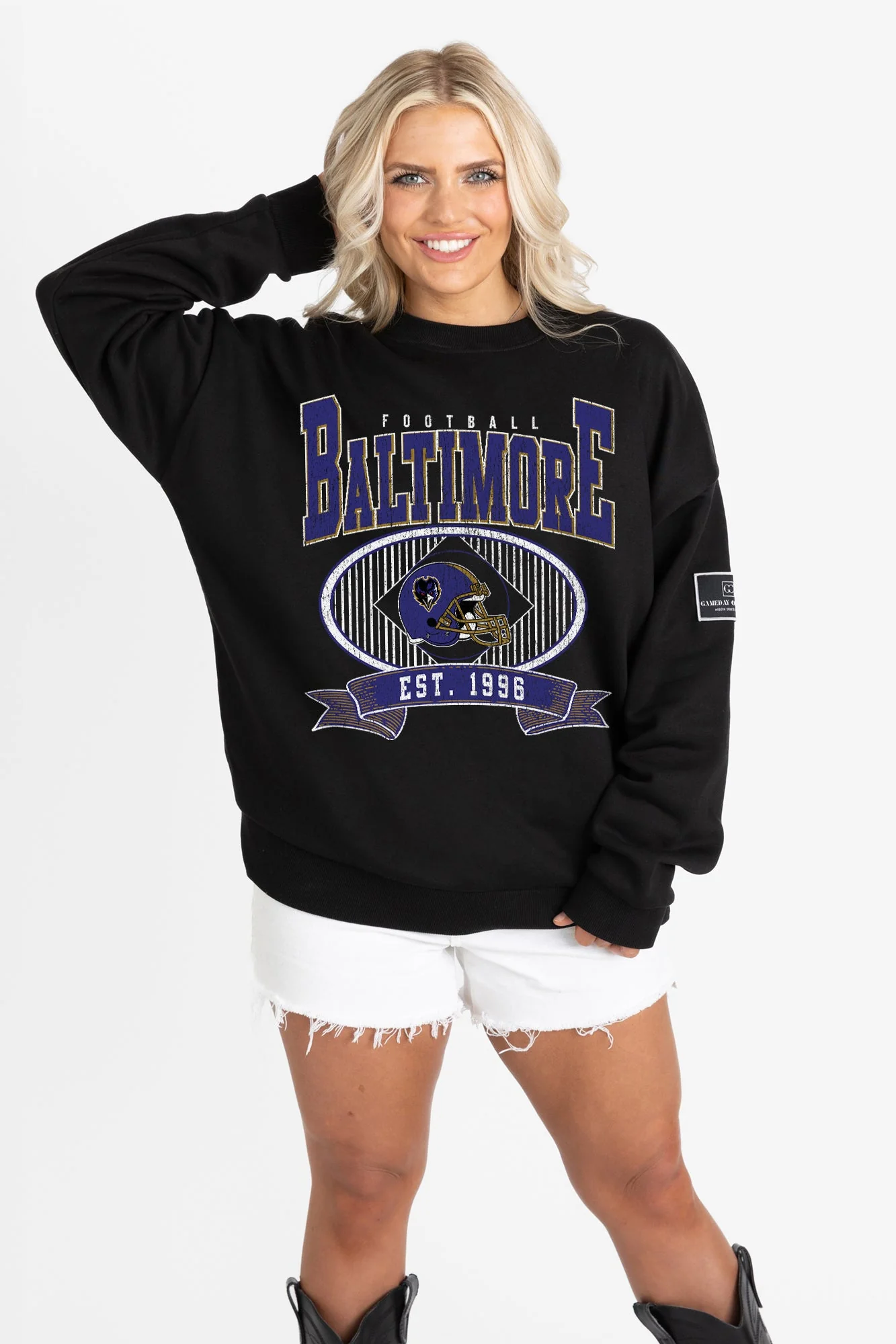 BALTIMORE RAVENS BOLD CHEERS BLACK LABEL PREMIUM FLEECE CREW SWEATSHIRT - Image 5