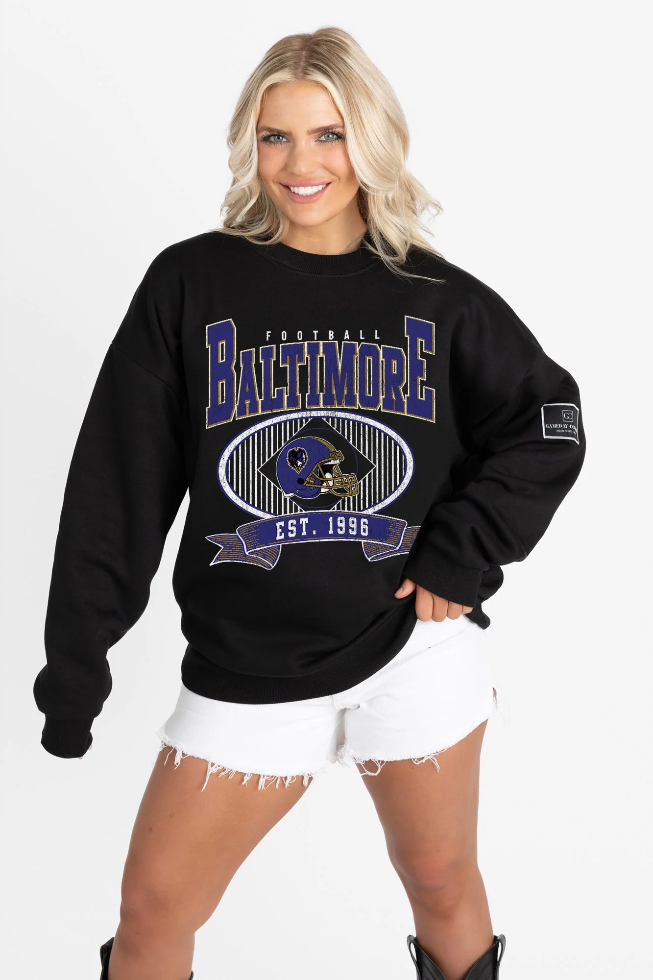BALTIMORE RAVENS BOLD CHEERS BLACK LABEL PREMIUM FLEECE CREW SWEATSHIRT - Image 6
