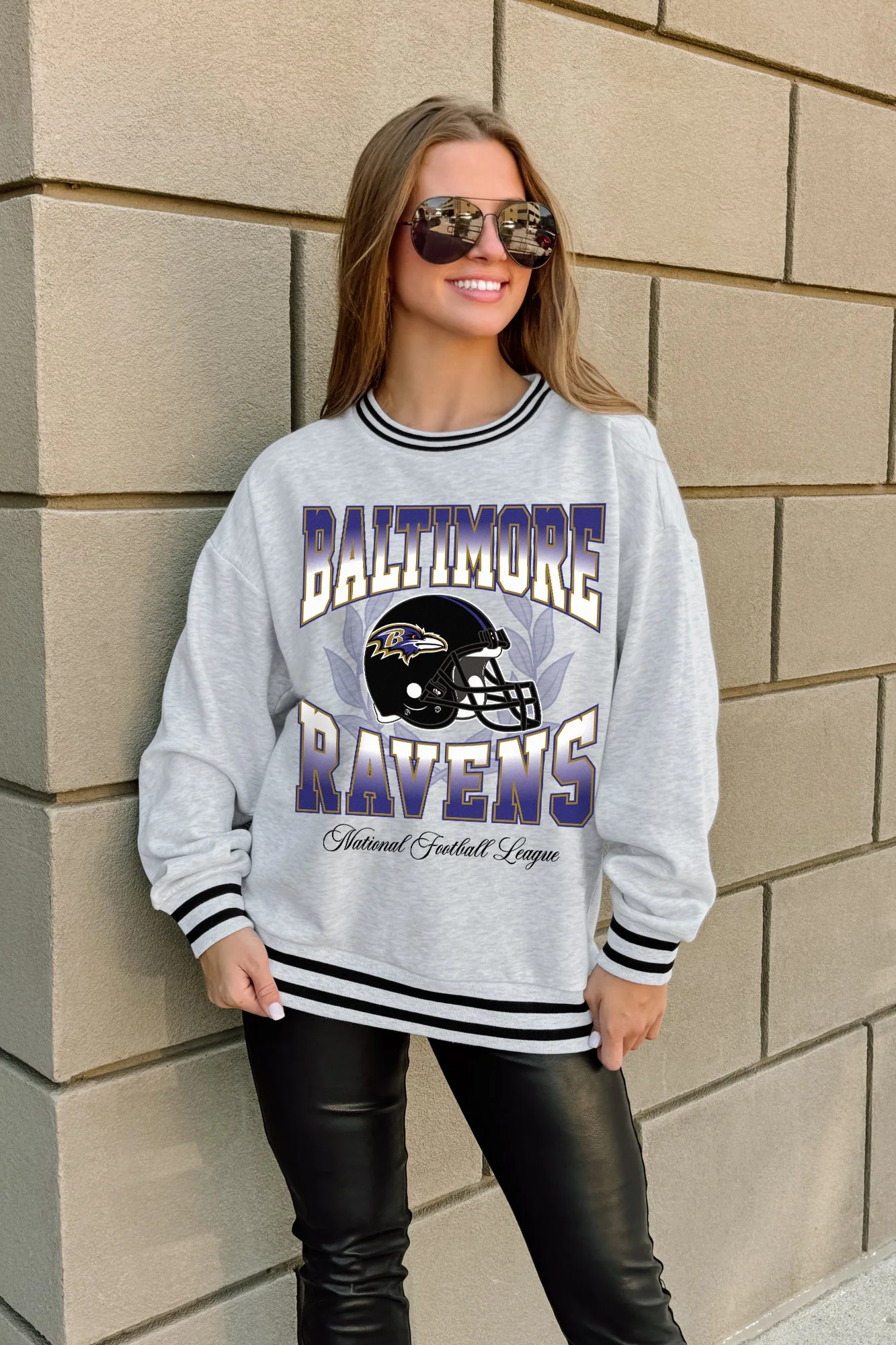 BALTIMORE RAVENS FADE ROUTE CREW FLEECE RINGER SWEATSHIRT - Image 3