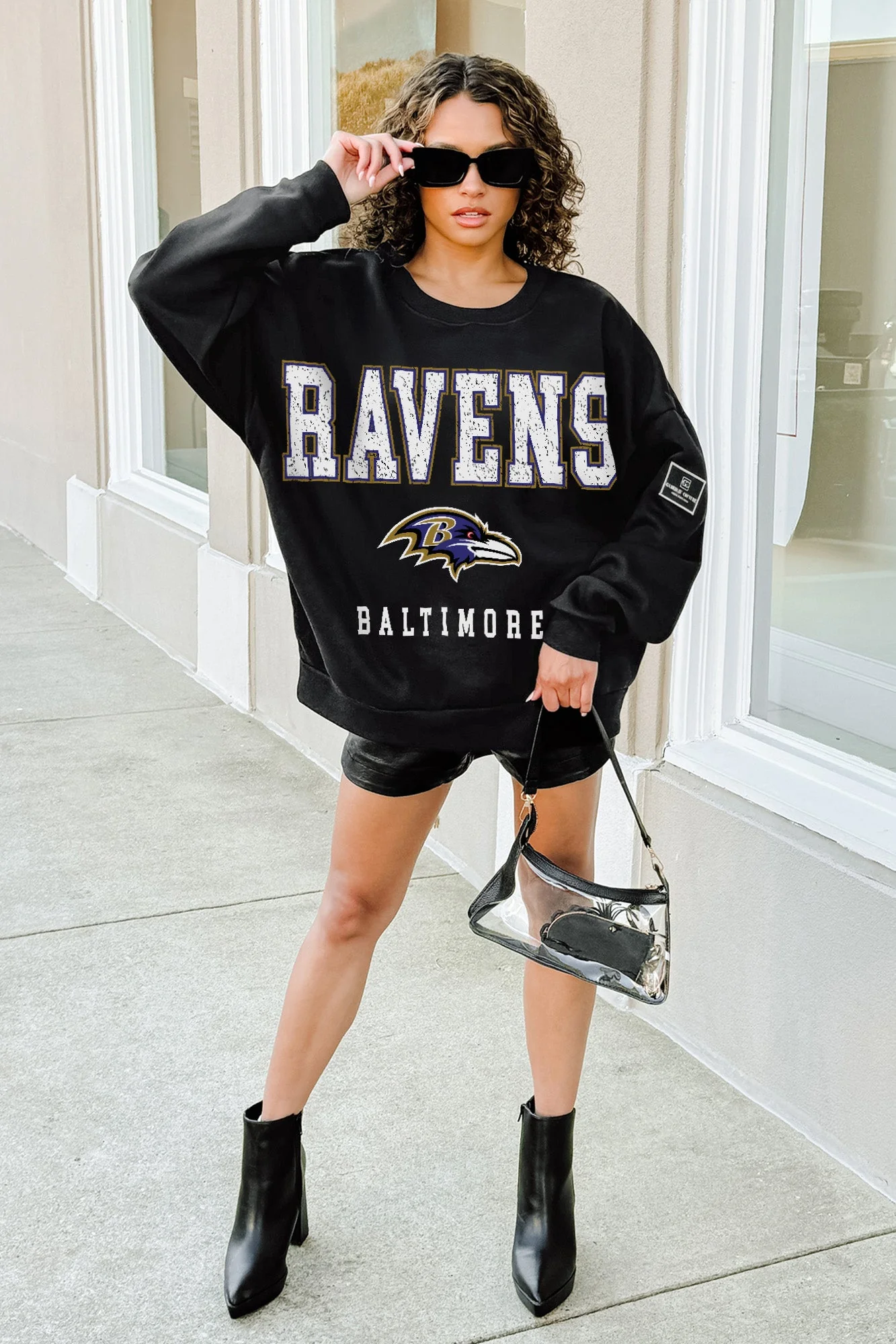 BALTIMORE RAVENS LEVEL UP BLACK LABEL PREMIUM FLEECE CREW SWEATSHIRT