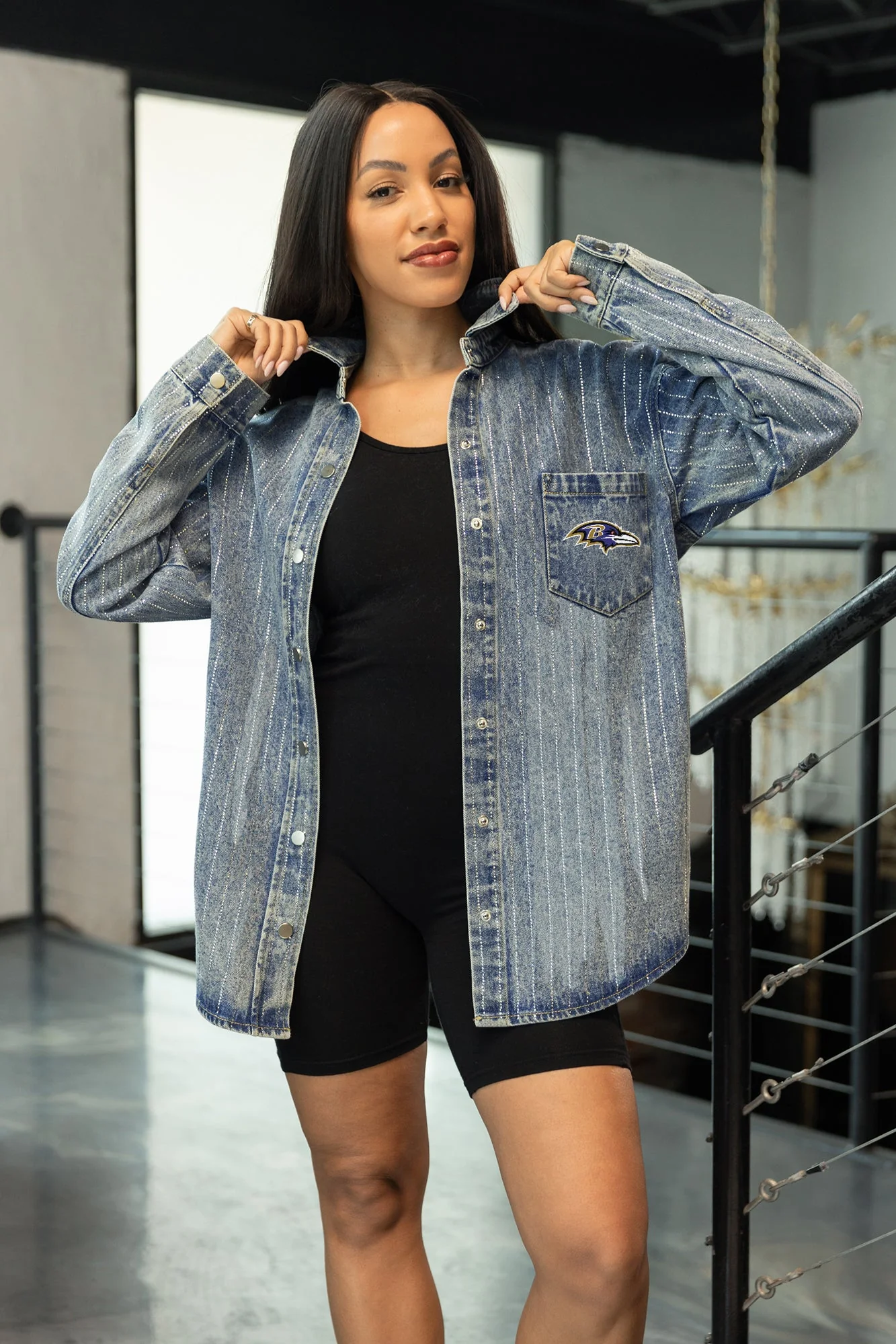 BALTIMORE RAVENS STYLE'S THE LIMIT MICRO-RHINESTONE DENIM OVERSHIRT