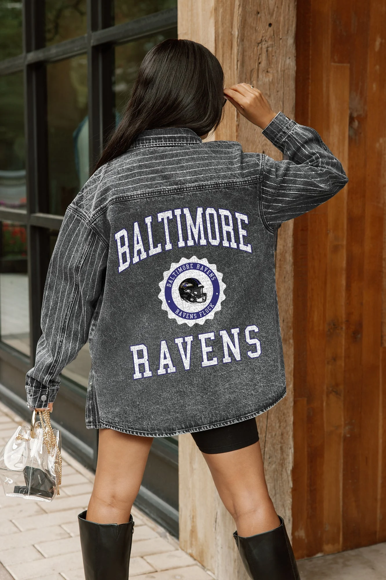 BALTIMORE RAVENS STYLE'S THE LIMIT MICRO-RHINESTONE DENIM OVERSHIRT IN BLACK - Image 2