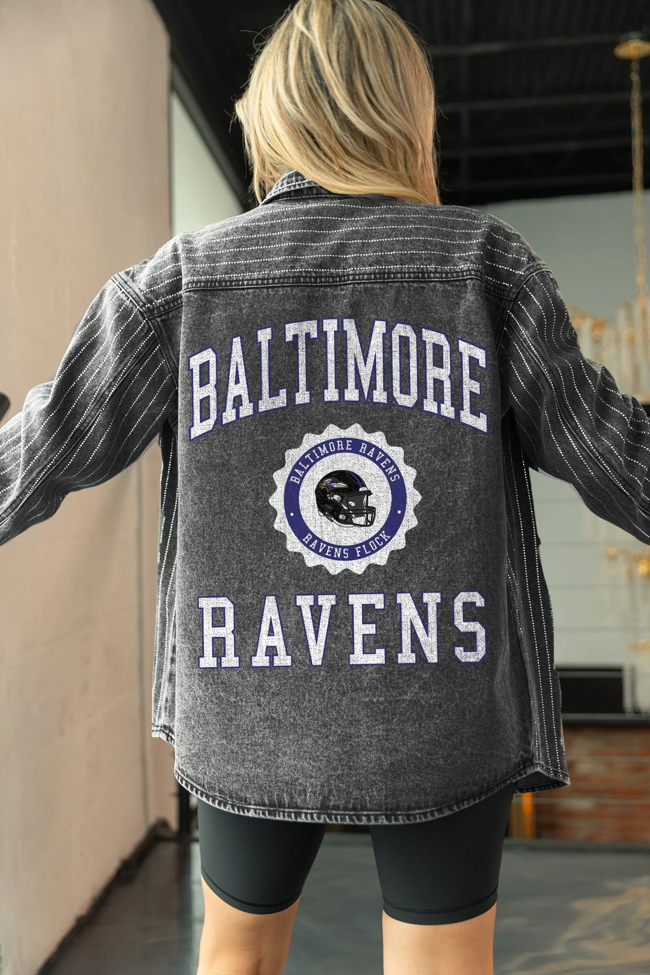 BALTIMORE RAVENS STYLE'S THE LIMIT MICRO-RHINESTONE DENIM OVERSHIRT IN BLACK - Image 4