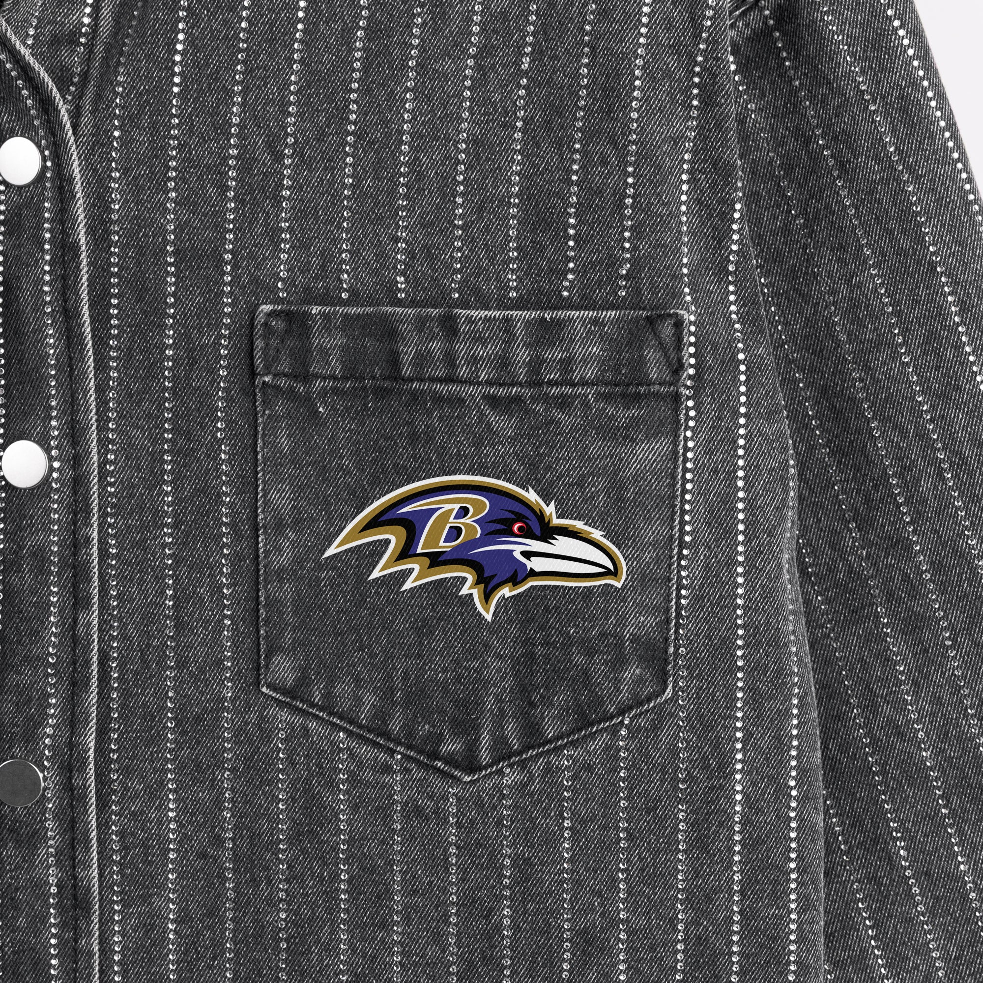 BALTIMORE RAVENS STYLE'S THE LIMIT MICRO-RHINESTONE DENIM OVERSHIRT IN BLACK - Image 5