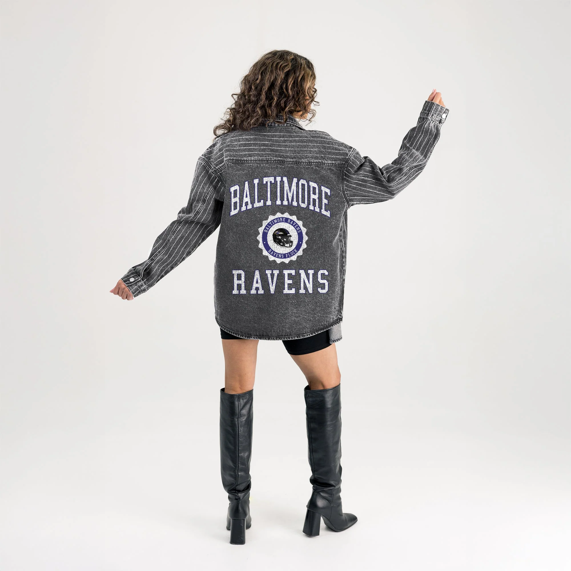 BALTIMORE RAVENS STYLE'S THE LIMIT MICRO-RHINESTONE DENIM OVERSHIRT IN BLACK - Image 7
