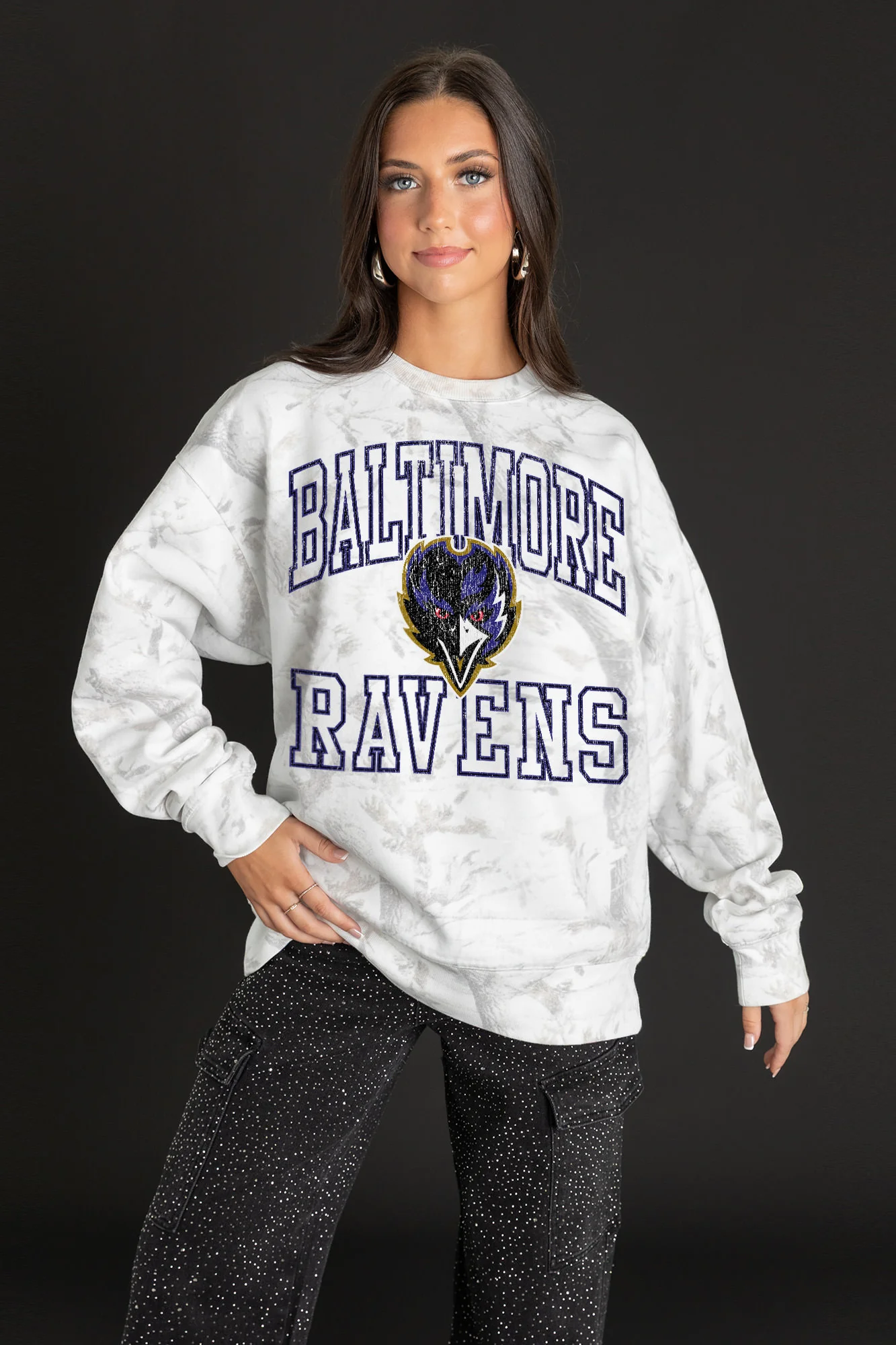 BALTIMORE RAVENS WHITEOUT PREMIUM DROP SHOULDER CAMO PULLOVER