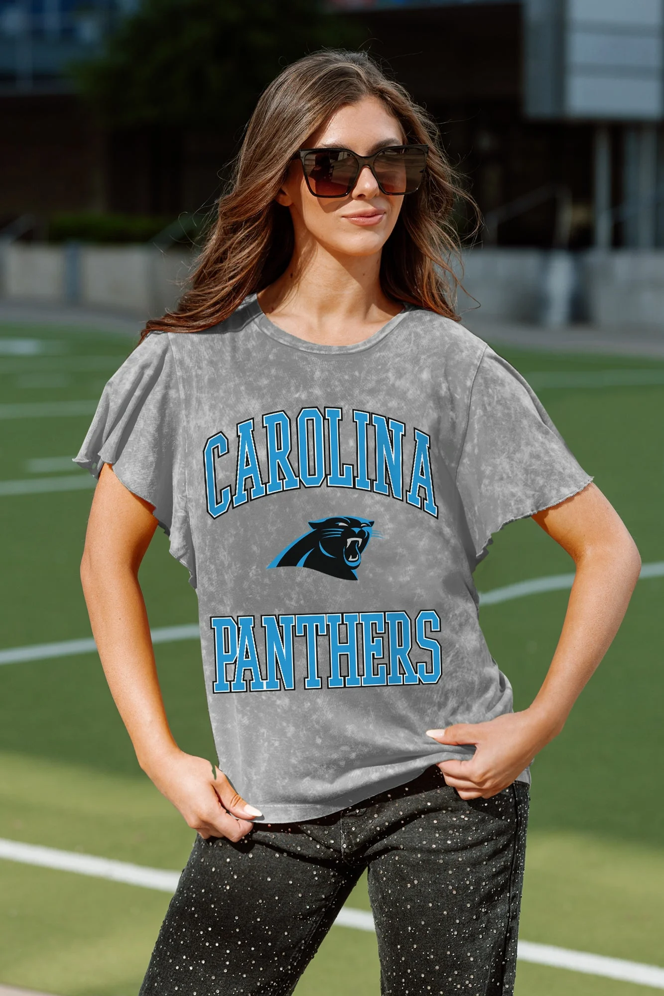 CAROLINA PANTHERS VICTORY MODE FLUTTER SLEEVE TEE IN GREY