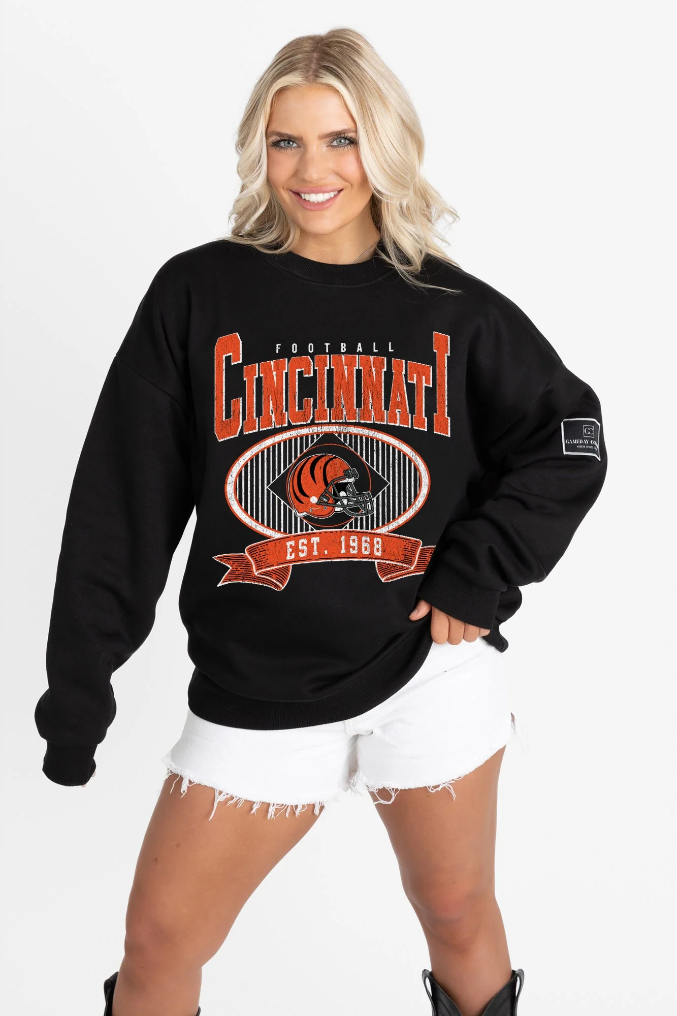 CINCINNATI BENGALS BOLD CHEERS BLACK LABEL PREMIUM FLEECE CREW SWEATSHIRT - Image 6