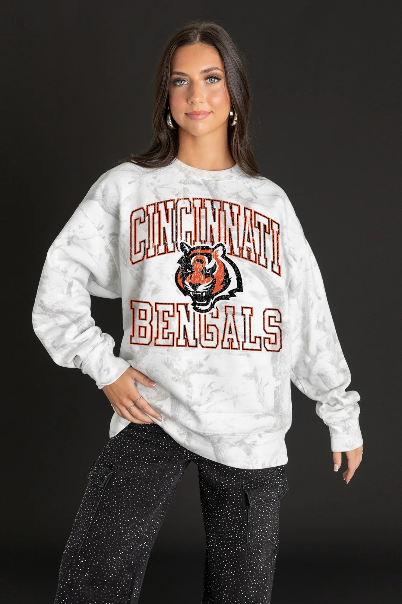CINCINNATI BENGALS WHITEOUT PREMIUM DROP SHOULDER CAMO PULLOVER