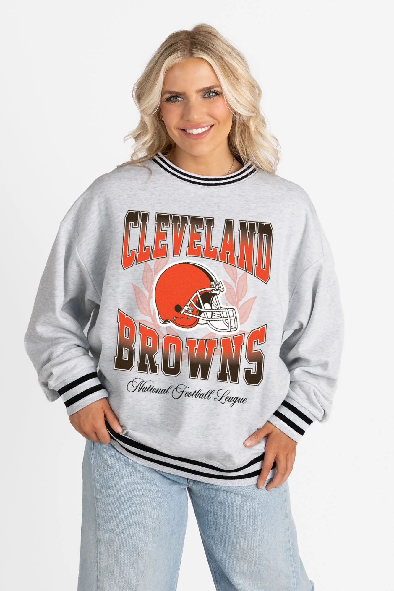 CLEVELAND BROWNS FADE ROUTE CREW FLEECE RINGER SWEATSHIRT - Image 5