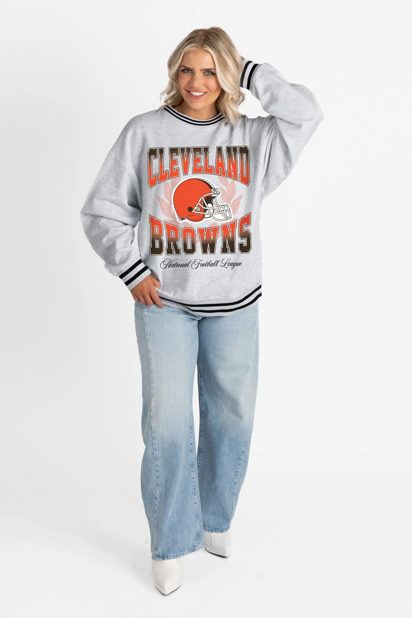 CLEVELAND BROWNS FADE ROUTE CREW FLEECE RINGER SWEATSHIRT - Image 6