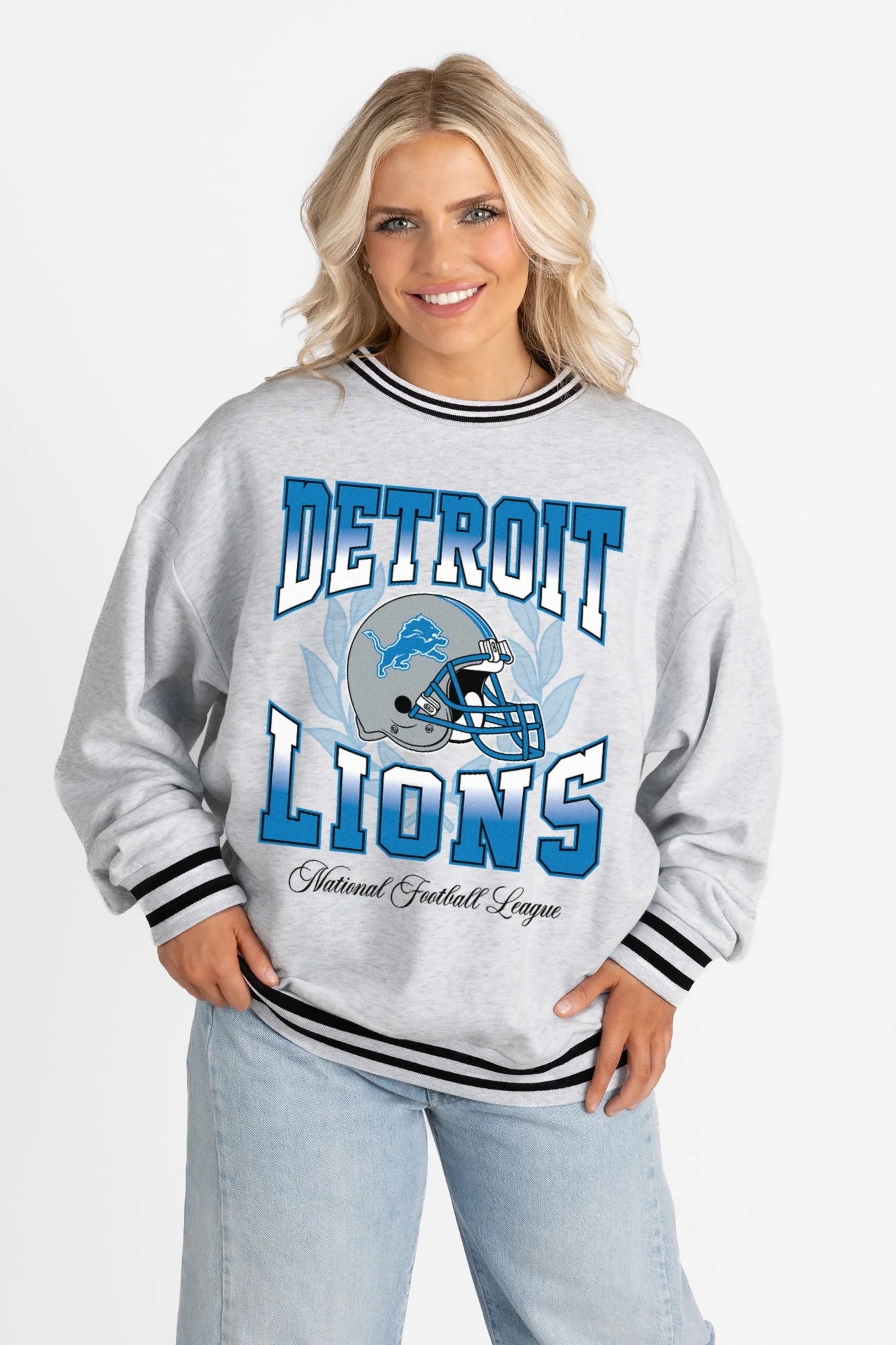 DETROIT LIONS FADE ROUTE CREW FLEECE RINGER SWEATSHIRT - Image 5