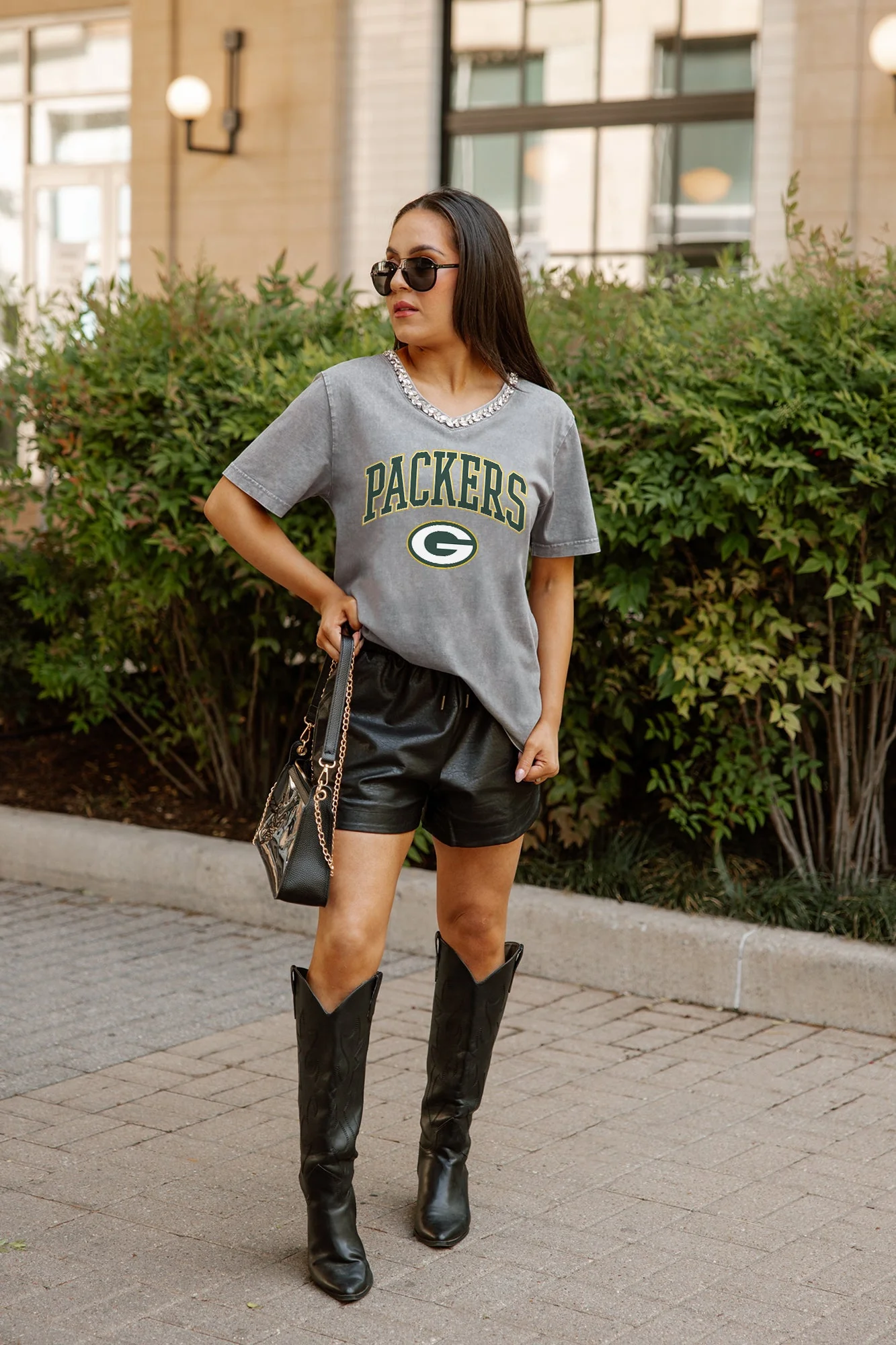 GREEN BAY PACKERS ICONIC EDGE RHINESTONE TRIM V-NECK TEE - Image 4