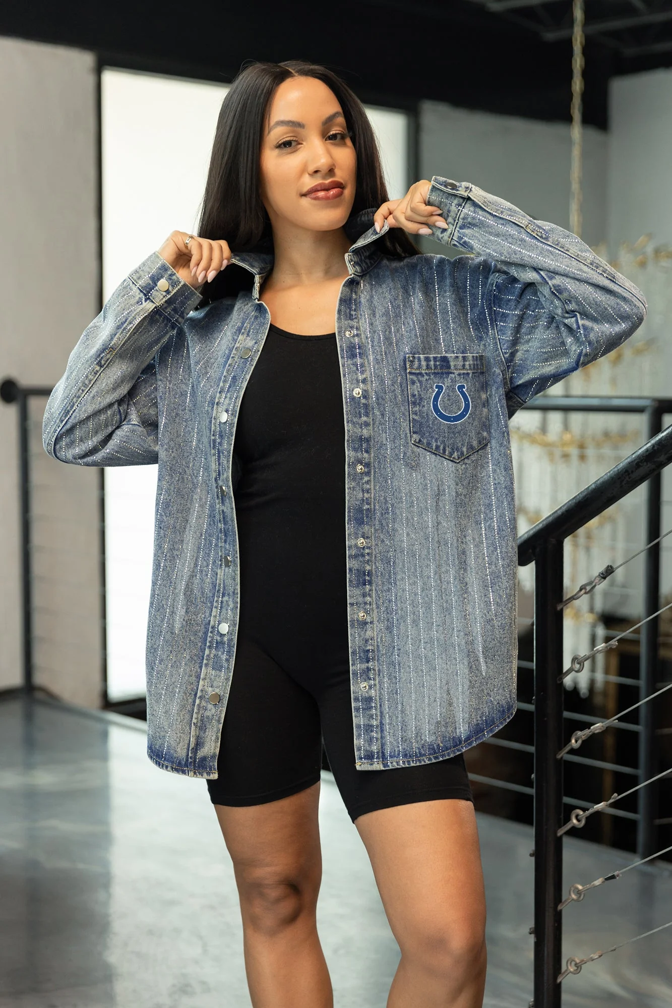 INDIANAPOLIS COLTS STYLE'S THE LIMIT MICRO-RHINESTONE DENIM OVERSHIRT