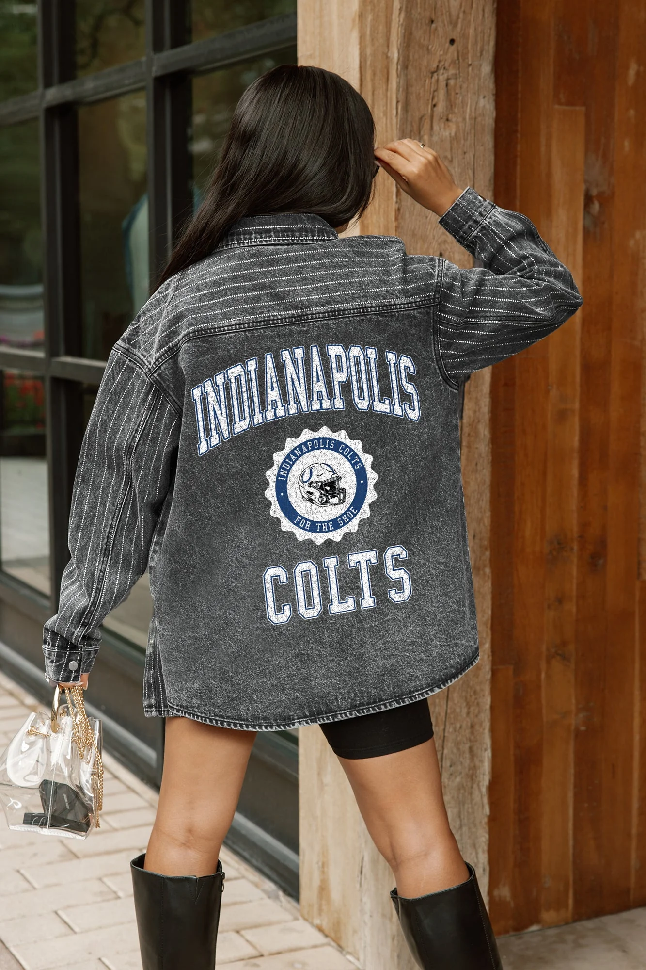 INDIANAPOLIS COLTS STYLE'S THE LIMIT MICRO-RHINESTONE DENIM OVERSHIRT IN BLACK - Image 2