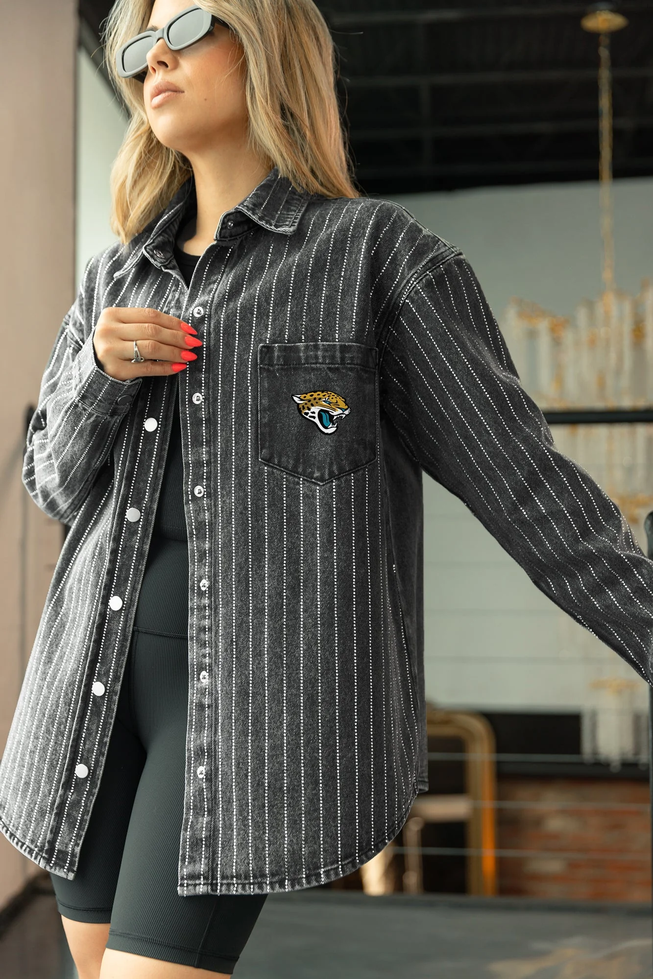 JACKSONVILLE JAGUARS STYLE'S THE LIMIT MICRO-RHINESTONE DENIM OVERSHIRT IN BLACK - Image 3