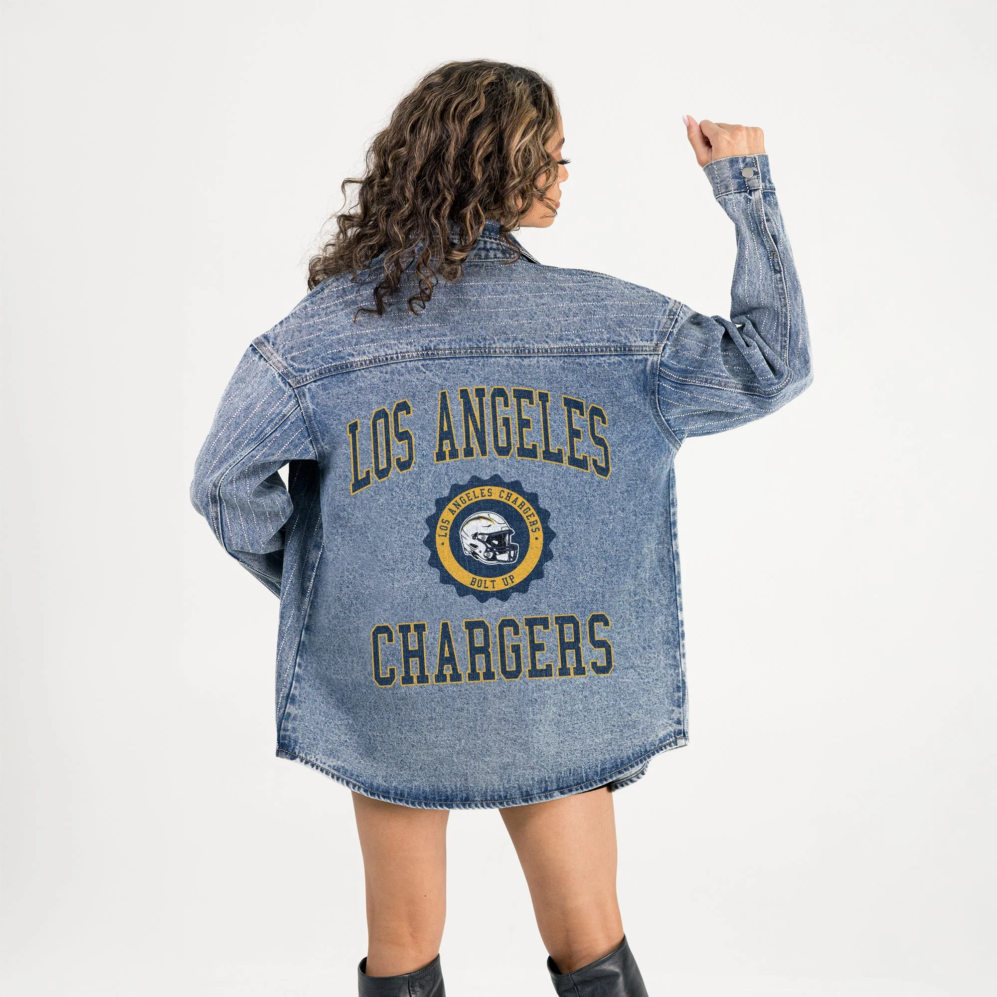 LOS ANGELES CHARGERS STYLE'S THE LIMIT MICRO-RHINESTONE DENIM OVERSHIRT - Image 6
