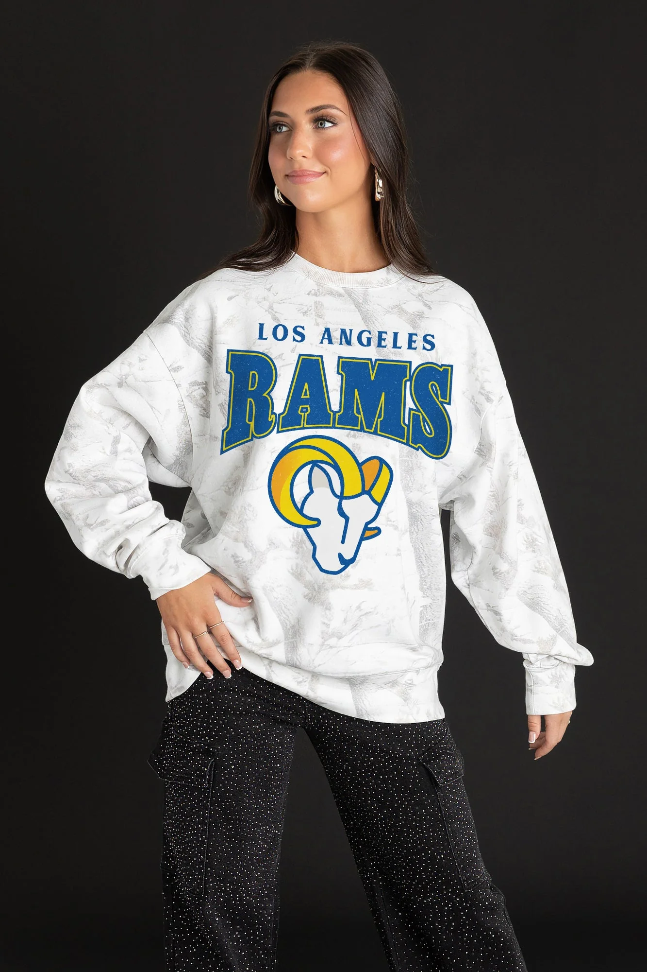 LOS ANGELES RAMS RALLY READY PREMIUM DROP SHOULDER CAMO PULLOVER